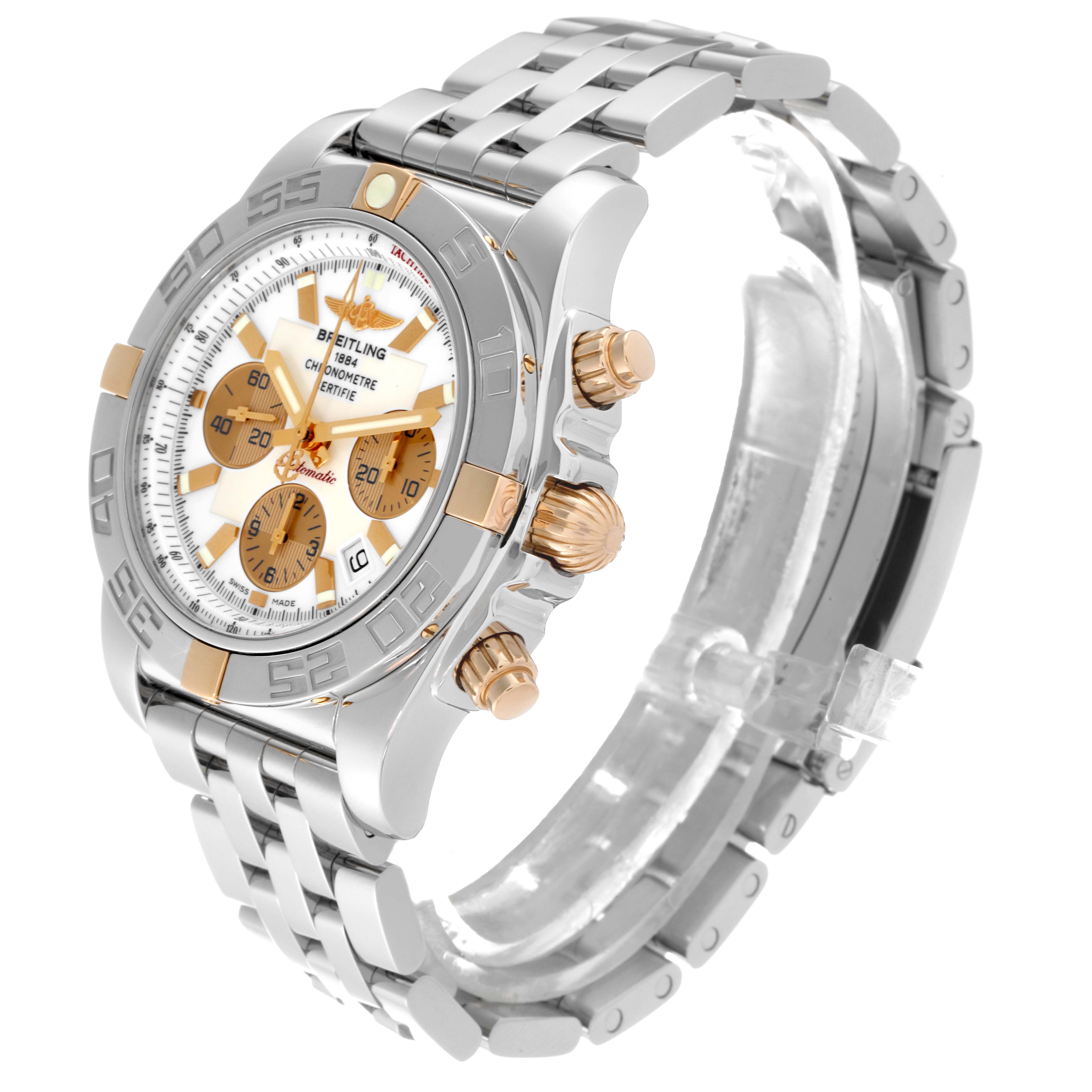 The image shows a side and front angle view of the Breitling Chronomat IB0110 Men's Stainless Steel White Dial IB0110 Men's Stainless Steel White Dial watch, highlighting the dial, bezel, pushers, and bracelet.