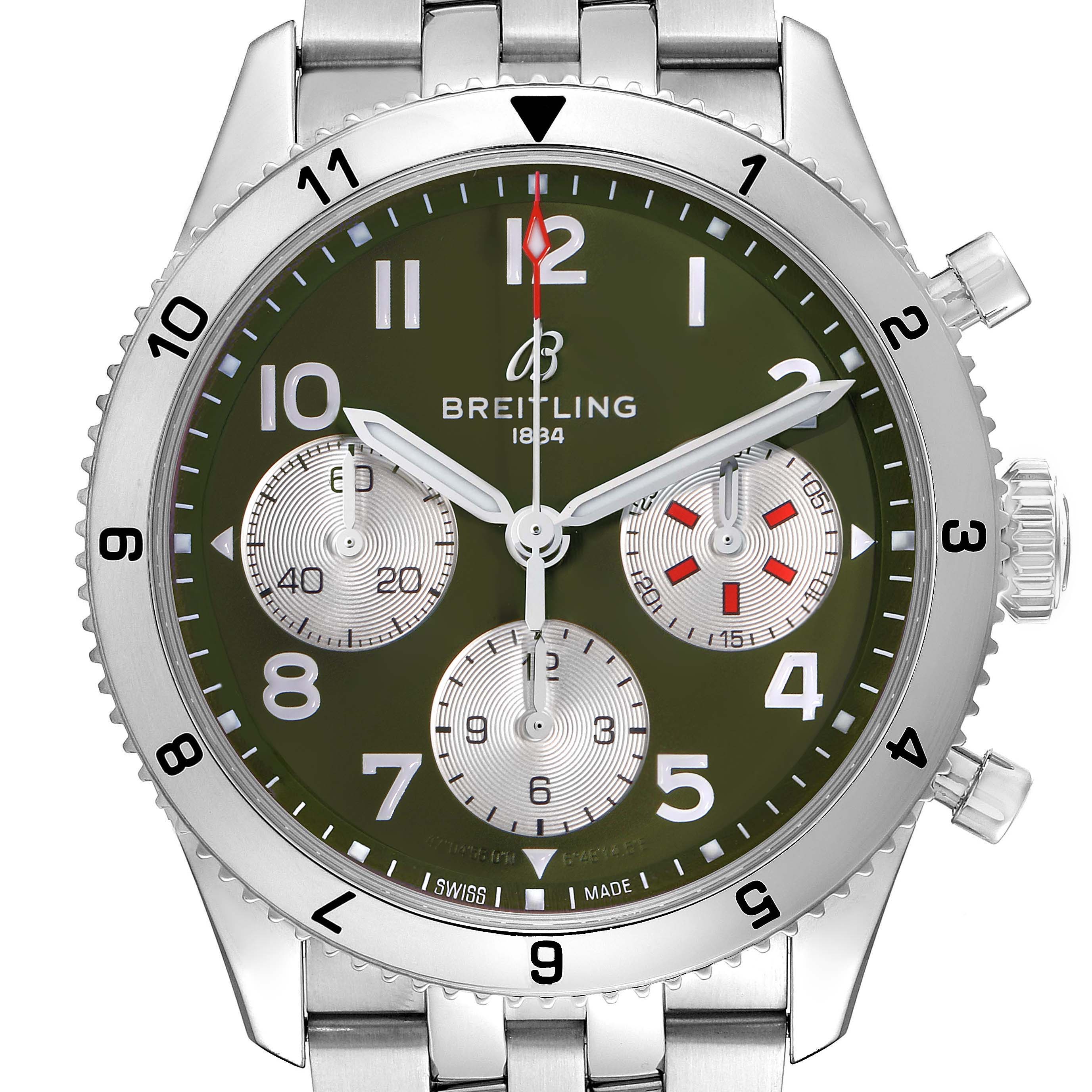 The Breitling Aviator A23380 Men
s Stainless Steel Green Dial A23380 Men
s Stainless Steel Green Dial watch is shown from a top-down angle, displaying the face, bezel, crown, and part of the bracelet.