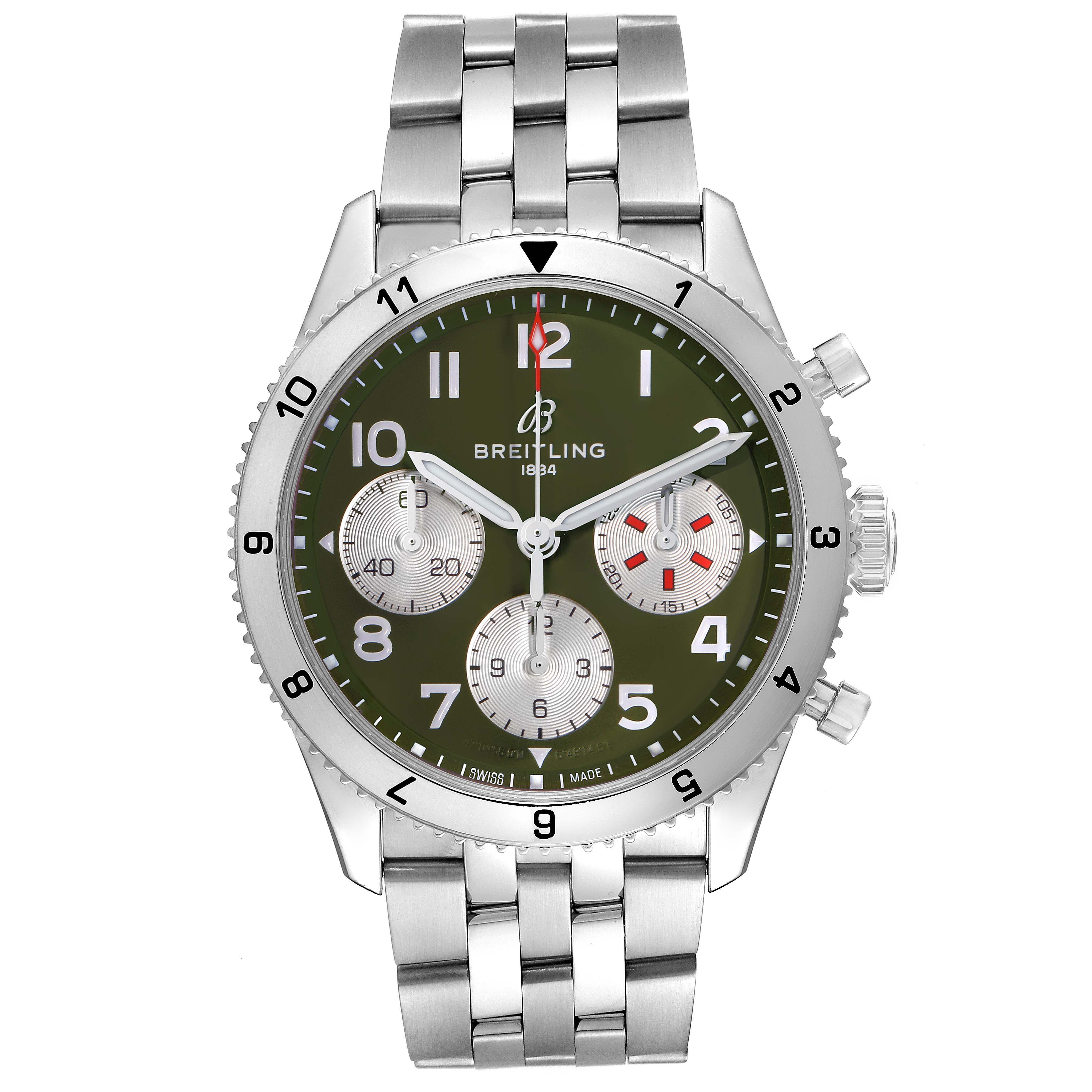 The Breitling Aviator A23380 Men
s Stainless Steel Green Dial A23380 Men
s Stainless Steel Green Dial watch is shown from a front angle, displaying its green dial, subdials, and metal bracelet.