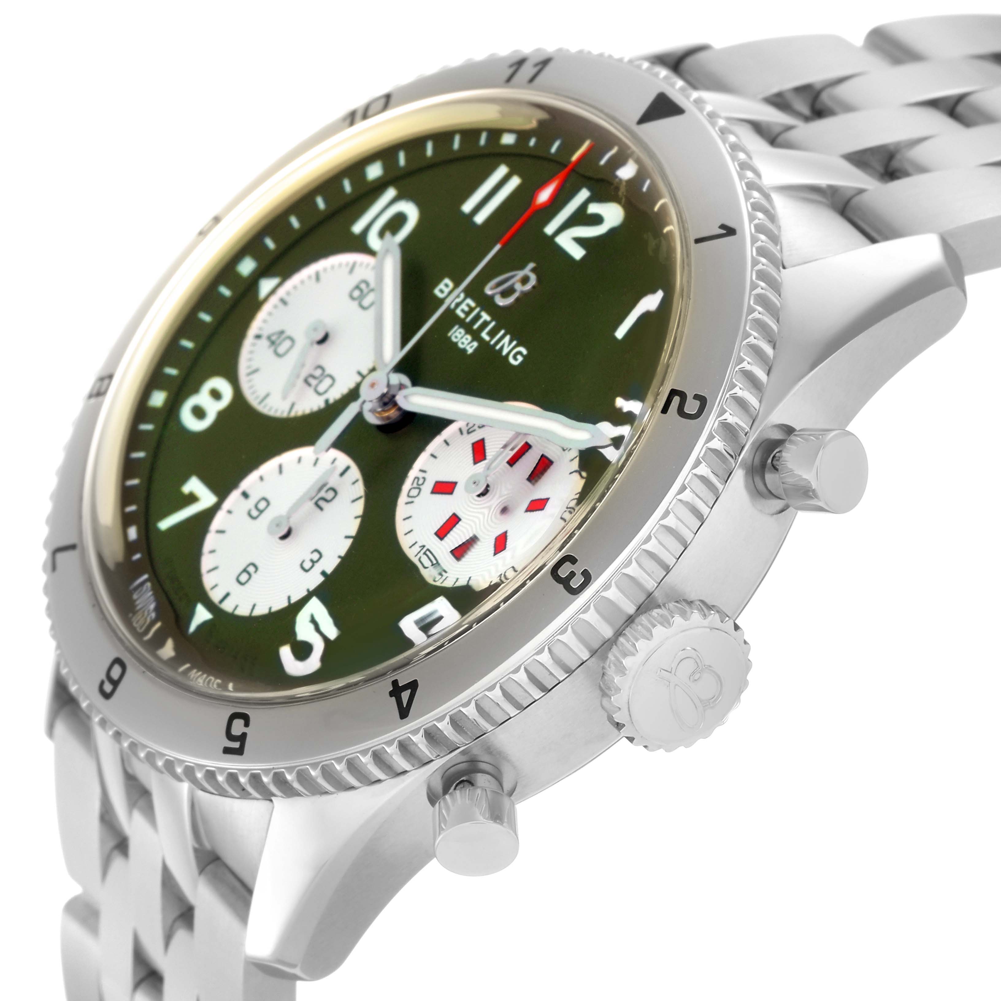 The Breitling Aviator A23380 Men
s Stainless Steel Green Dial A23380 Men
s Stainless Steel Green Dial watch is shown from an angled side view, highlighting the bezel, crown, chrono pushers, and bracelet.