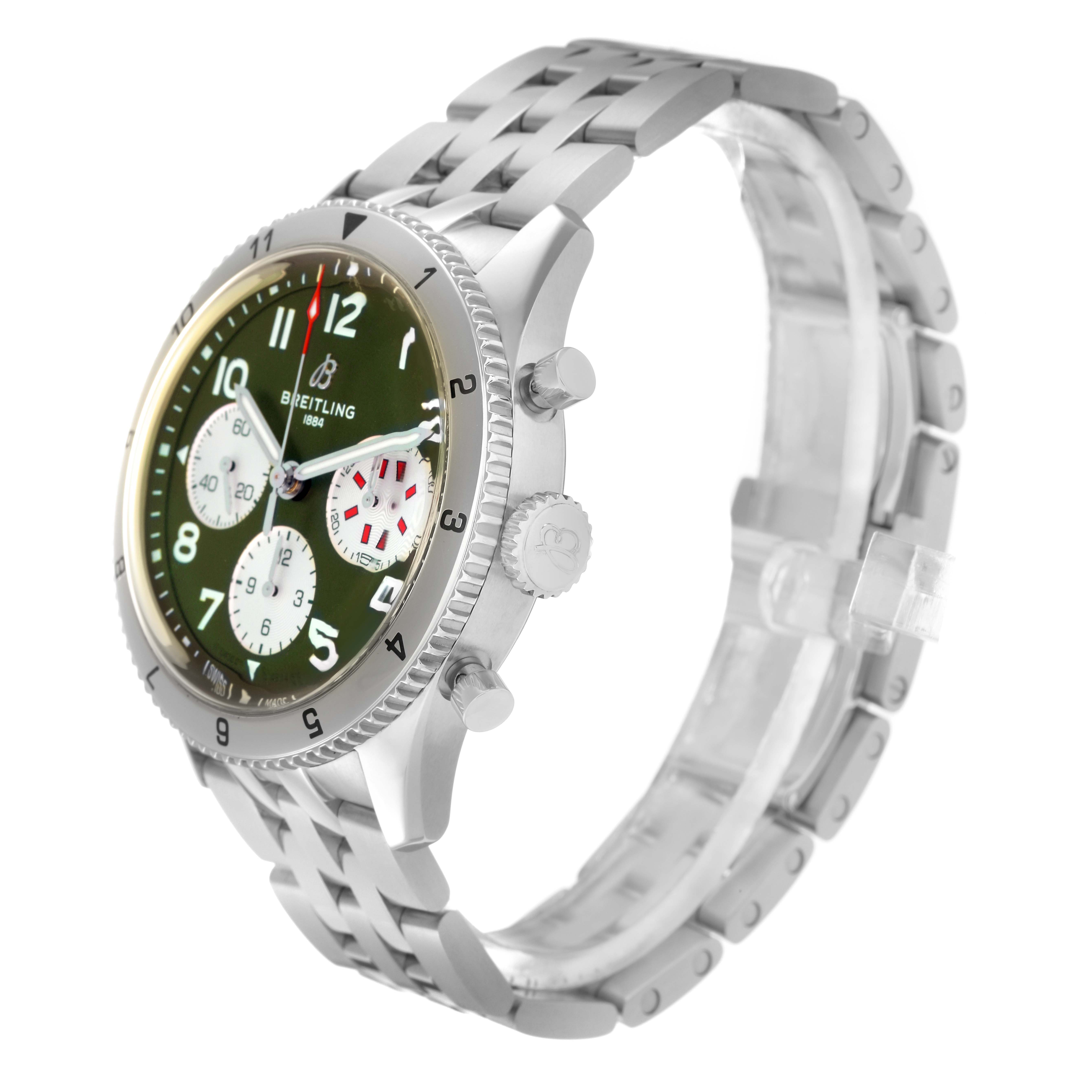 The Breitling Aviator A23380 Men
s Stainless Steel Green Dial A23380 Men
s Stainless Steel Green Dial watch is shown at a three-quarter angle, highlighting the dial, bezel, crown, and metal bracelet.