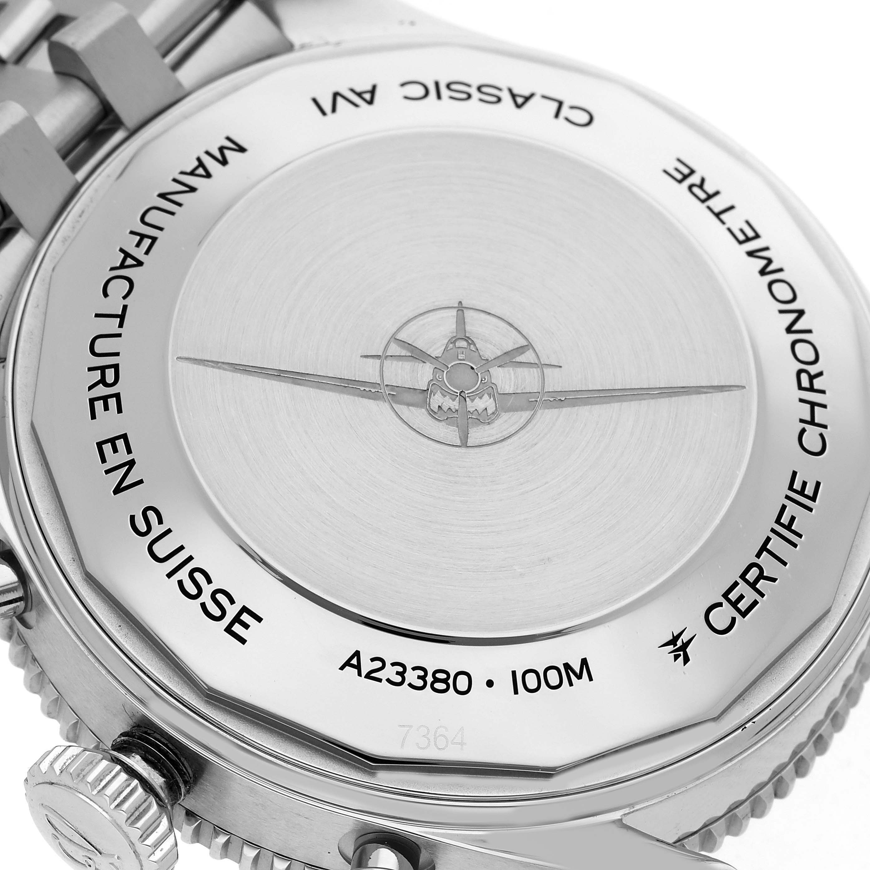 The image shows the back of a Breitling Aviator A23380 Men
s Stainless Steel Green Dial A23380 Men
s Stainless Steel Green Dial, highlighting the case back and engraving details.