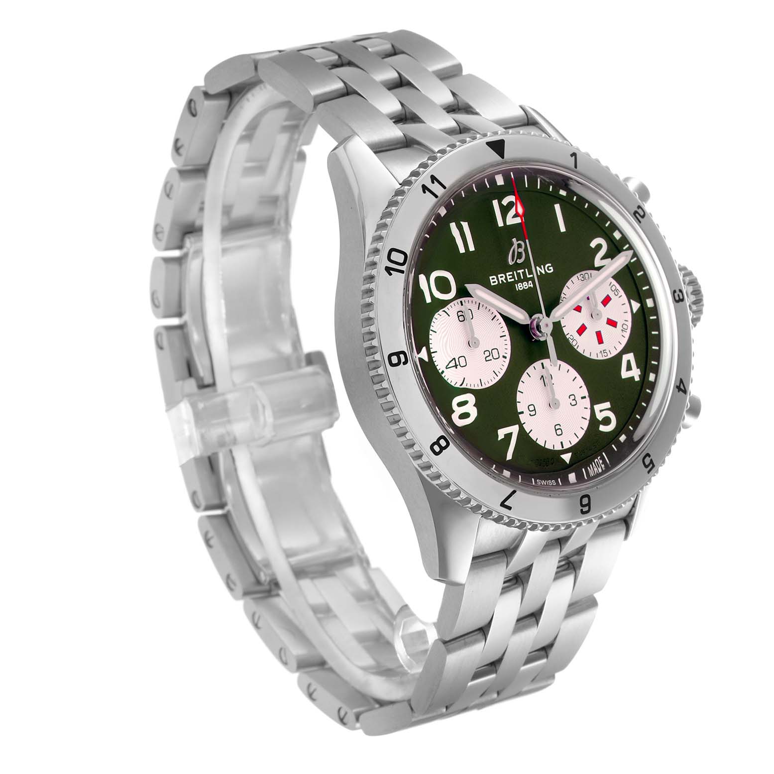 The Breitling Aviator A23380 Men
s Stainless Steel Green Dial A23380 Men
s Stainless Steel Green Dial watch is shown at an angled view, highlighting the green dial, crown, bezel, and metal bracelet.