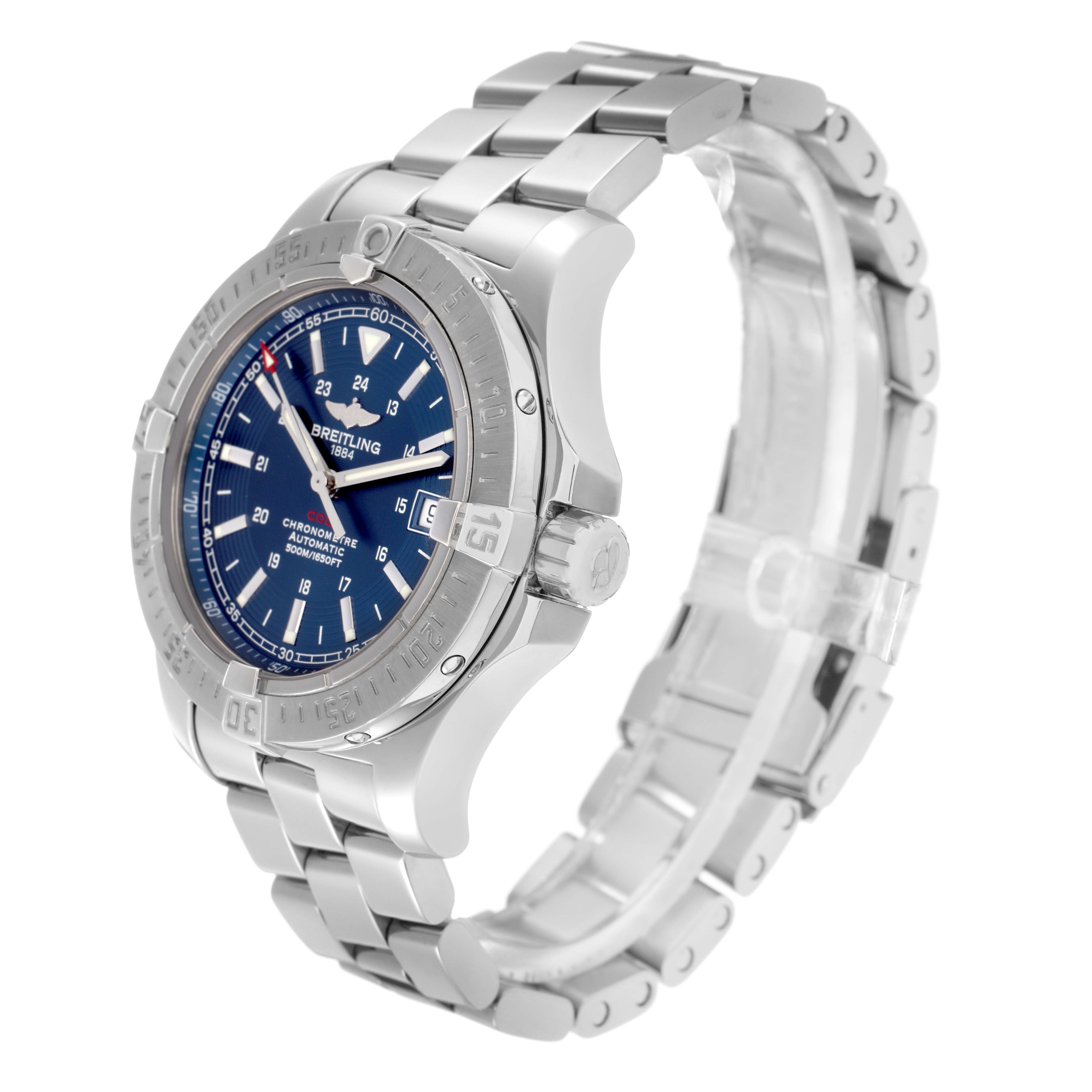The Breitling Colt A17380 Men
s Stainless Steel Blue Dial A17380 Men
s Stainless Steel Blue Dial watch is shown at an angled side view, highlighting the case, bezel, dial, and metal bracelet.
