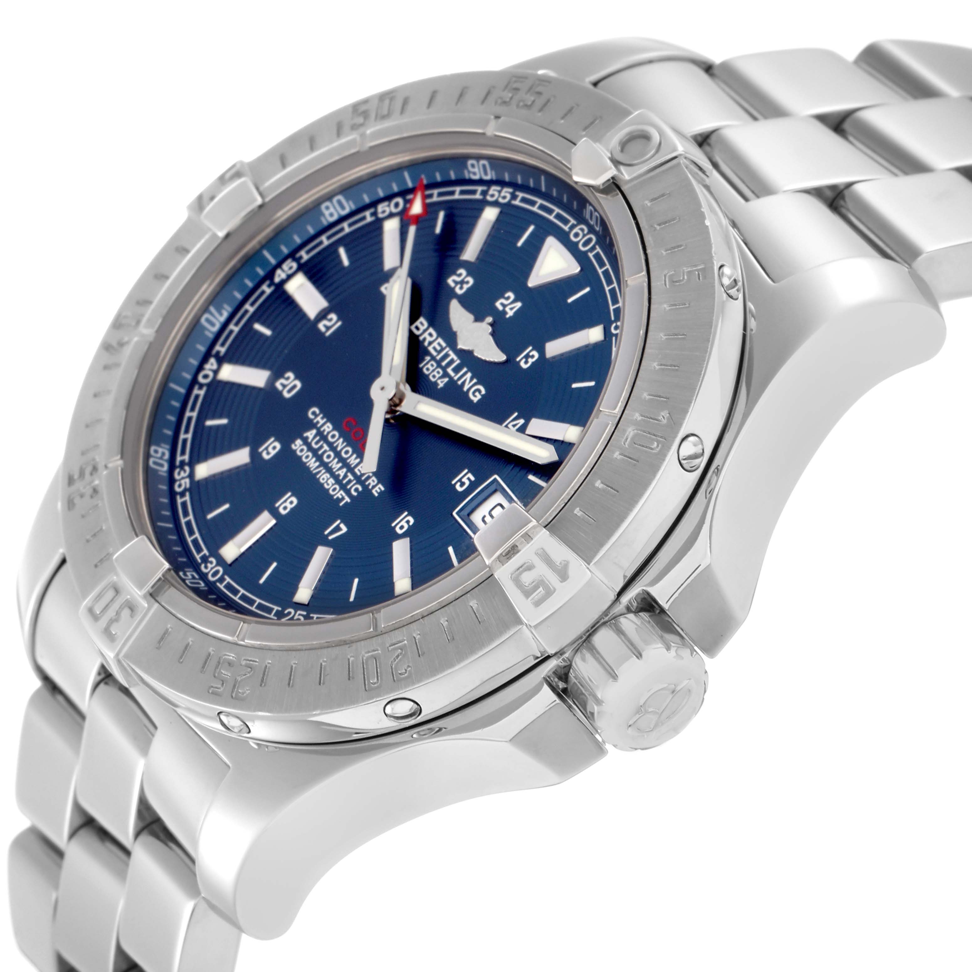 The image shows a Breitling Colt A17380 Men
s Stainless Steel Blue Dial A17380 Men
s Stainless Steel Blue Dial watch at an angle, highlighting its bezel, crown, and blue dial with a metal bracelet.