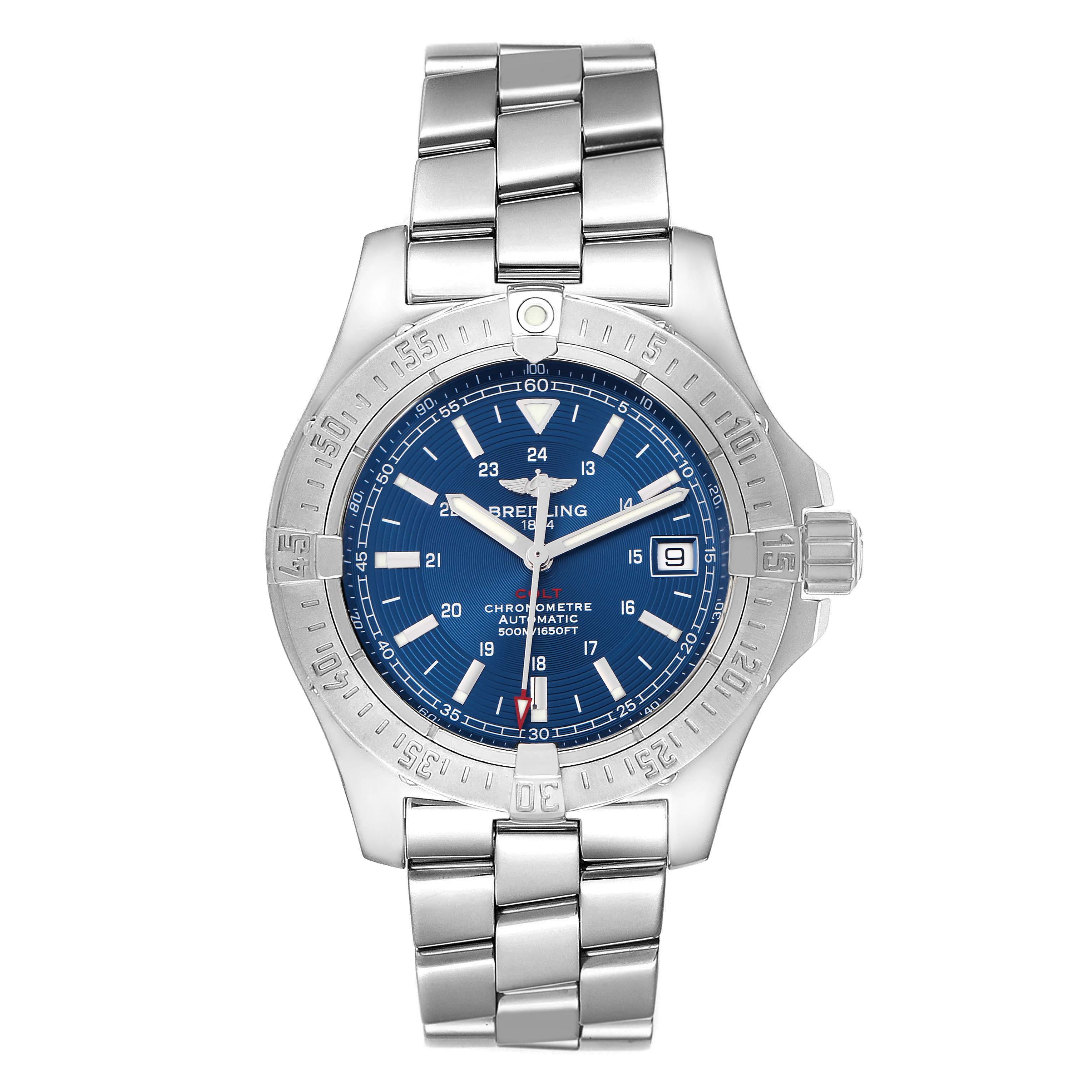 The image shows a front view of a Breitling Colt A17380 Men
s Stainless Steel Blue Dial A17380 Men
s Stainless Steel Blue Dial watch, displaying the face, bezel, and bracelet.
