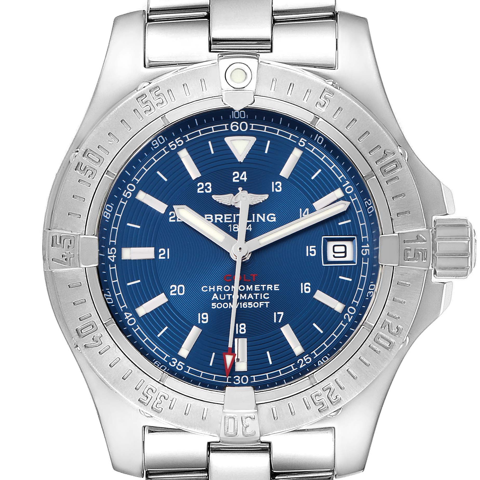 The image shows a head-on view of a Breitling Colt A17380 Men
s Stainless Steel Blue Dial A17380 Men
s Stainless Steel Blue Dial watch, featuring its blue dial, bezel, and part of the metal bracelet.