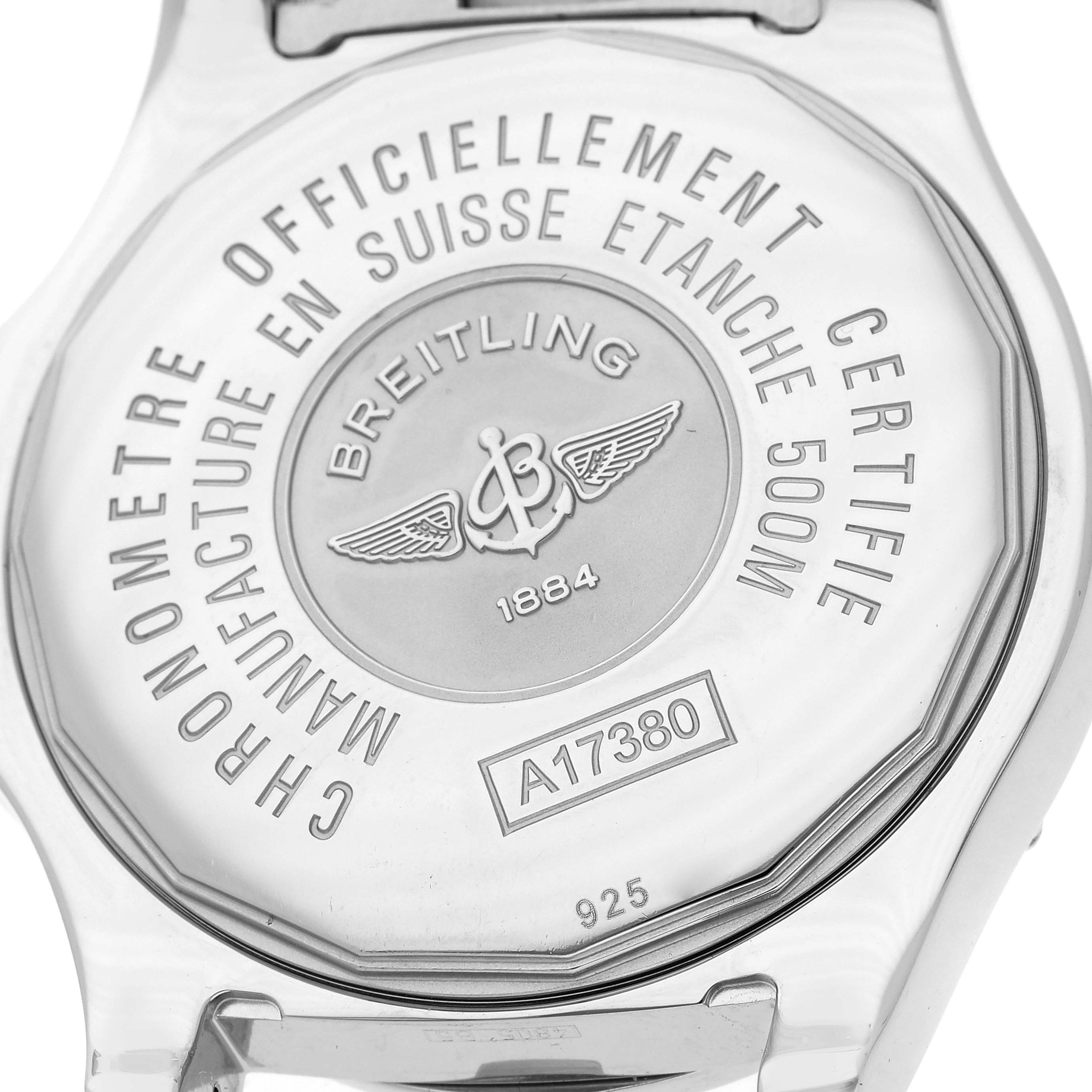 The image shows the case back of a Breitling Colt A17380 Men
s Stainless Steel Blue Dial A17380 Men
s Stainless Steel Blue Dial watch, highlighting engravings and the model number A17380.