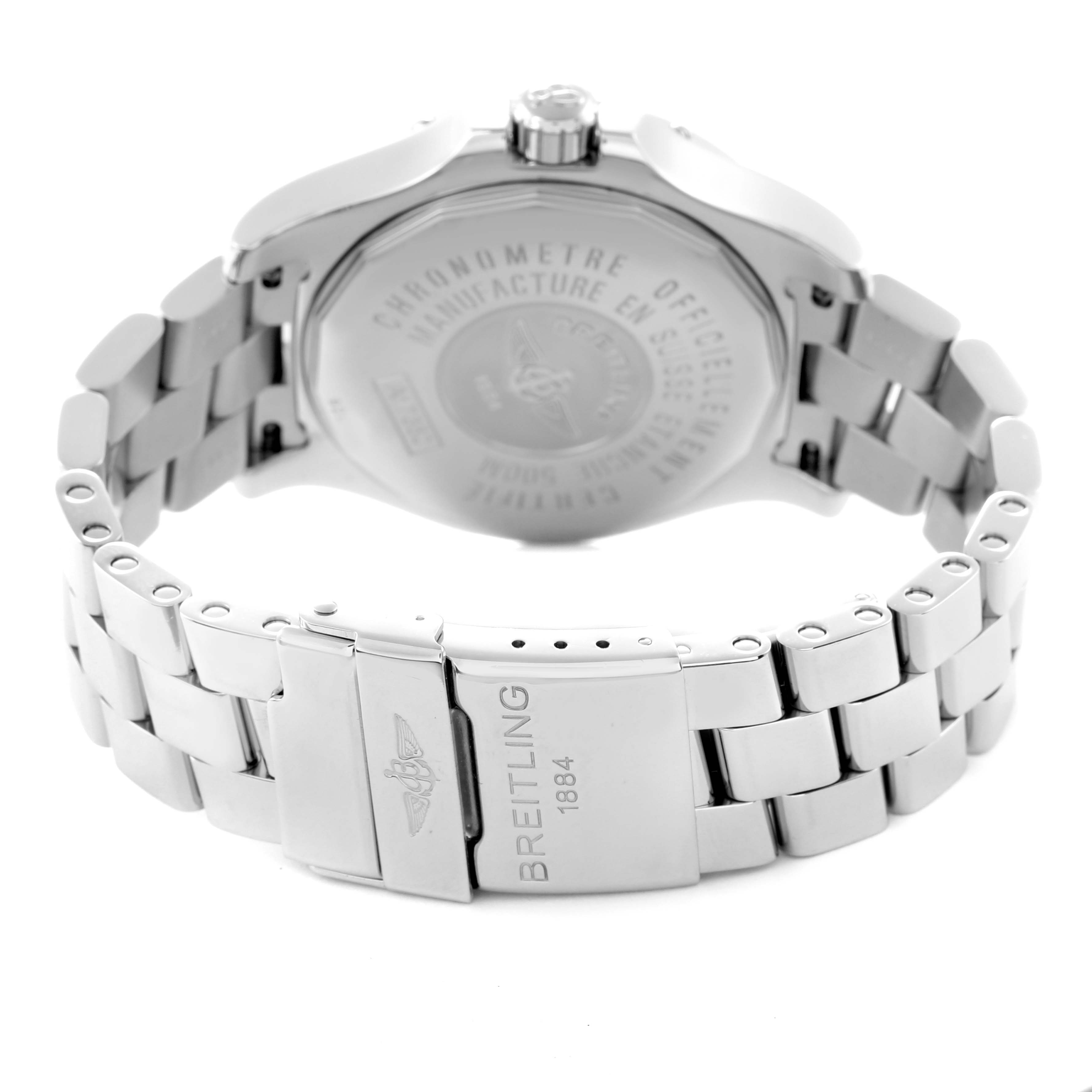 The image shows the back and bracelet of a Breitling Colt A17380 Men
s Stainless Steel Blue Dial A17380 Men
s Stainless Steel Blue Dial watch, highlighting the clasp with the Breitling logo and inscriptions.