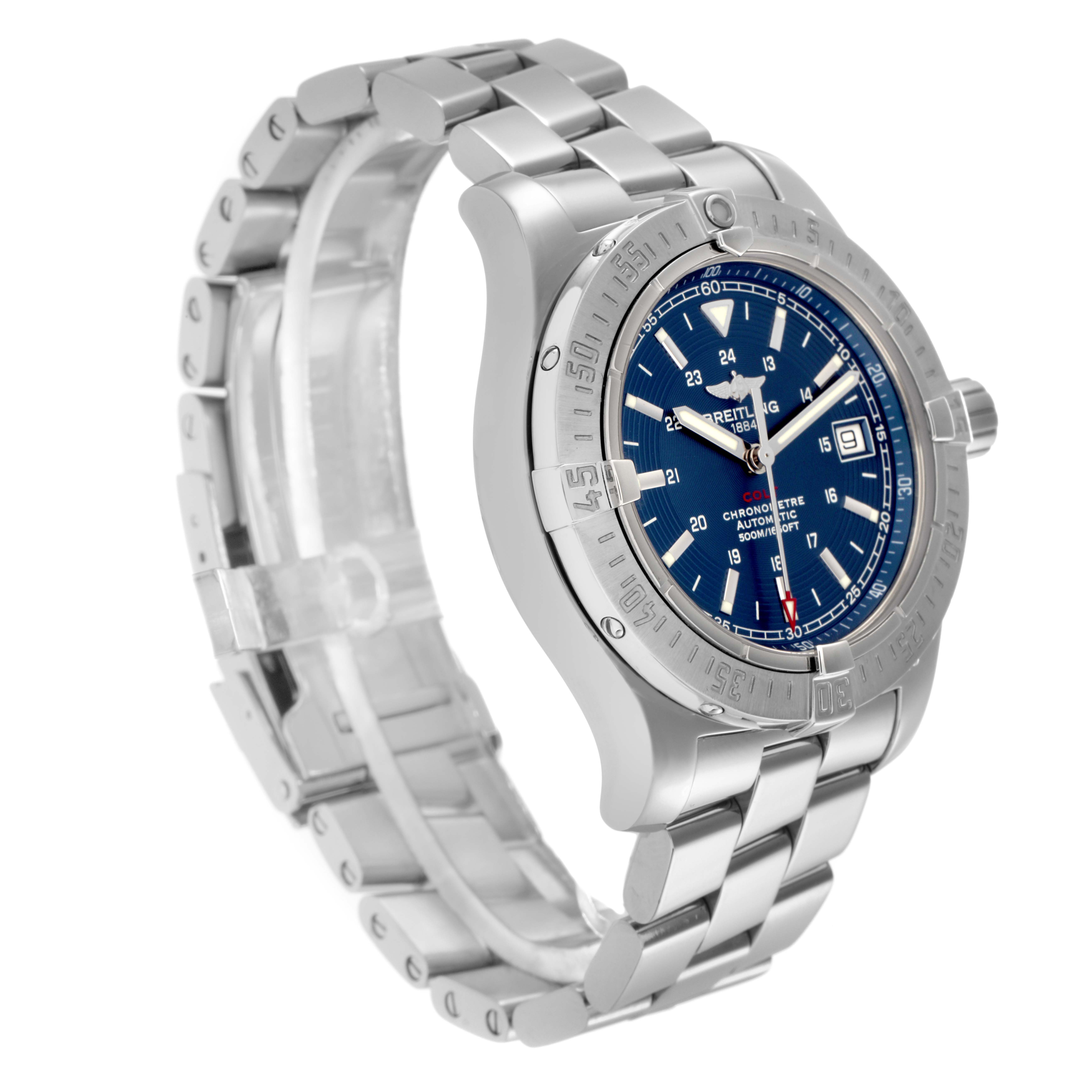 The image shows a Breitling Colt A17380 Men
s Stainless Steel Blue Dial A17380 Men
s Stainless Steel Blue Dial watch at a three-quarter angle, highlighting the blue dial, stainless steel bracelet, and bezel.