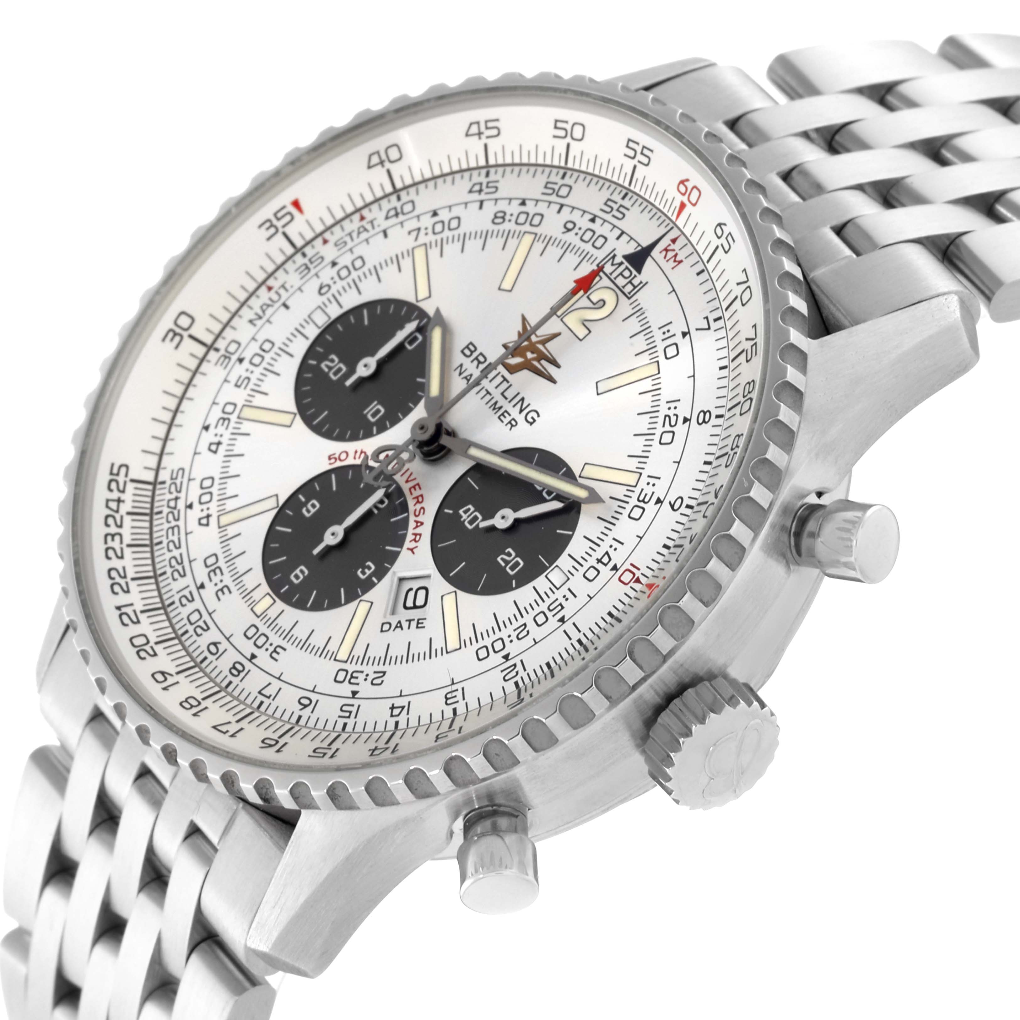 The Breitling Navitimer A41322 Men's Stainless Steel Silver Dial A41322 Men's Stainless Steel Silver Dial watch is shown from an angled side view, highlighting the dial, bezel, pushers, and bracelet.