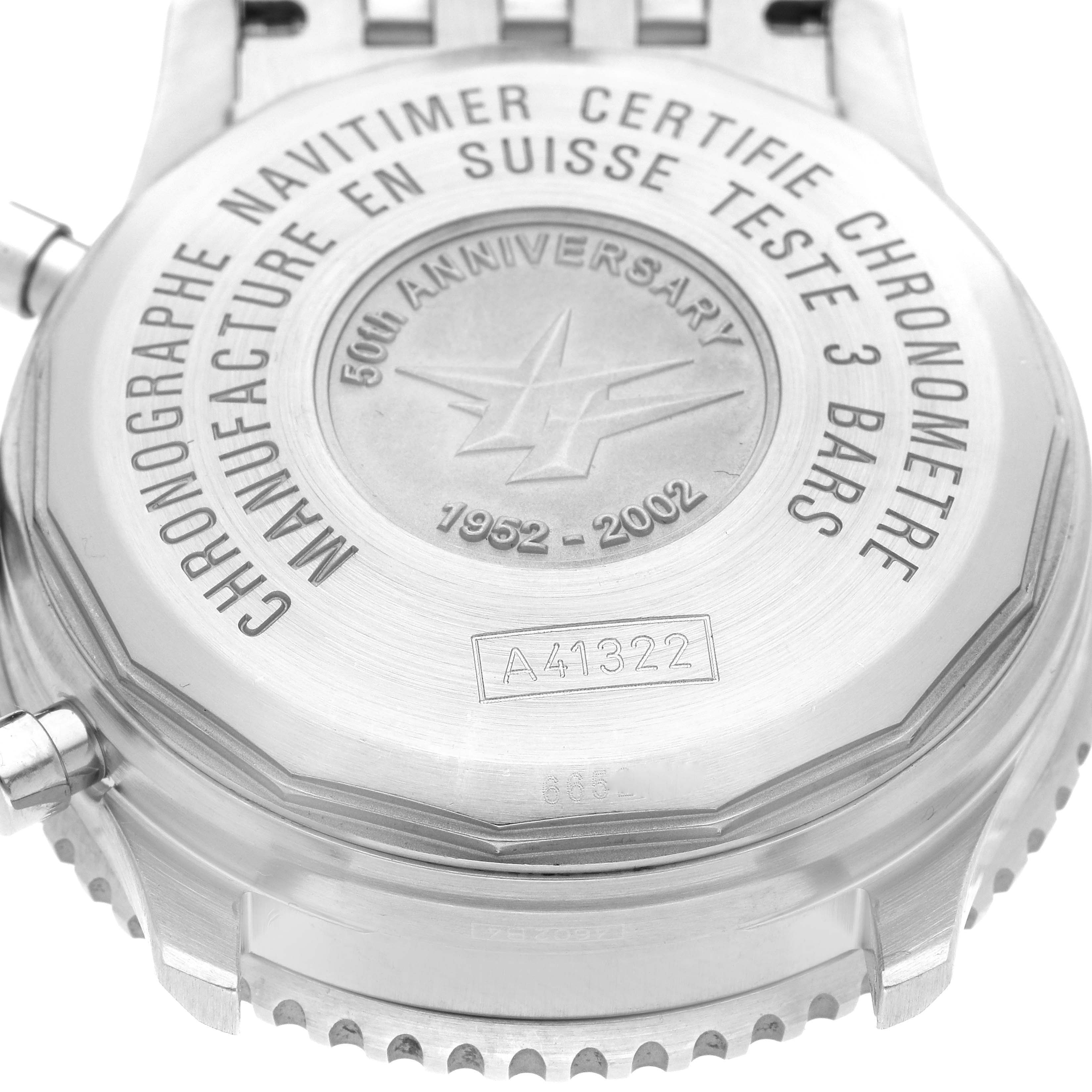 The image shows the back case of a Breitling Navitimer A41322 Men's Stainless Steel Silver Dial A41322 Men's Stainless Steel Silver Dial watch, highlighting the 50th-anniversary engraving.