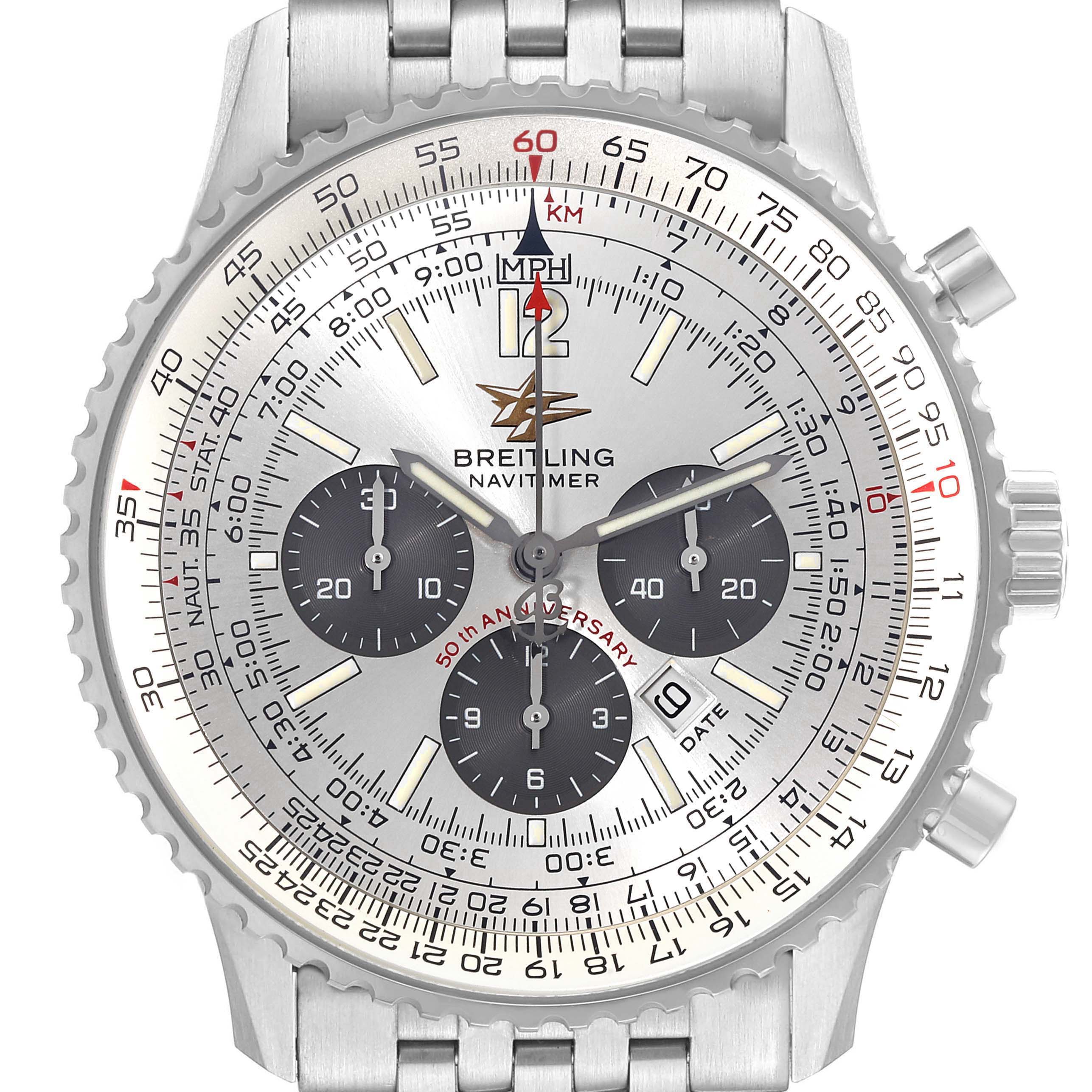This image shows a front view of the Breitling Navitimer A41322 Men's Stainless Steel Silver Dial A41322 Men's Stainless Steel Silver Dial watch, detailing its face, bezel, and chronograph subdials.