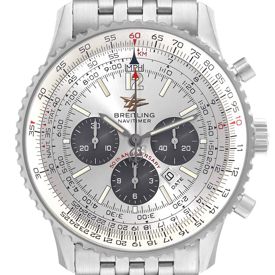 Breitling Navitimer 50th Anniversary Silver Dial Mens Watch A41322 Box Papers SwissWatchExpo