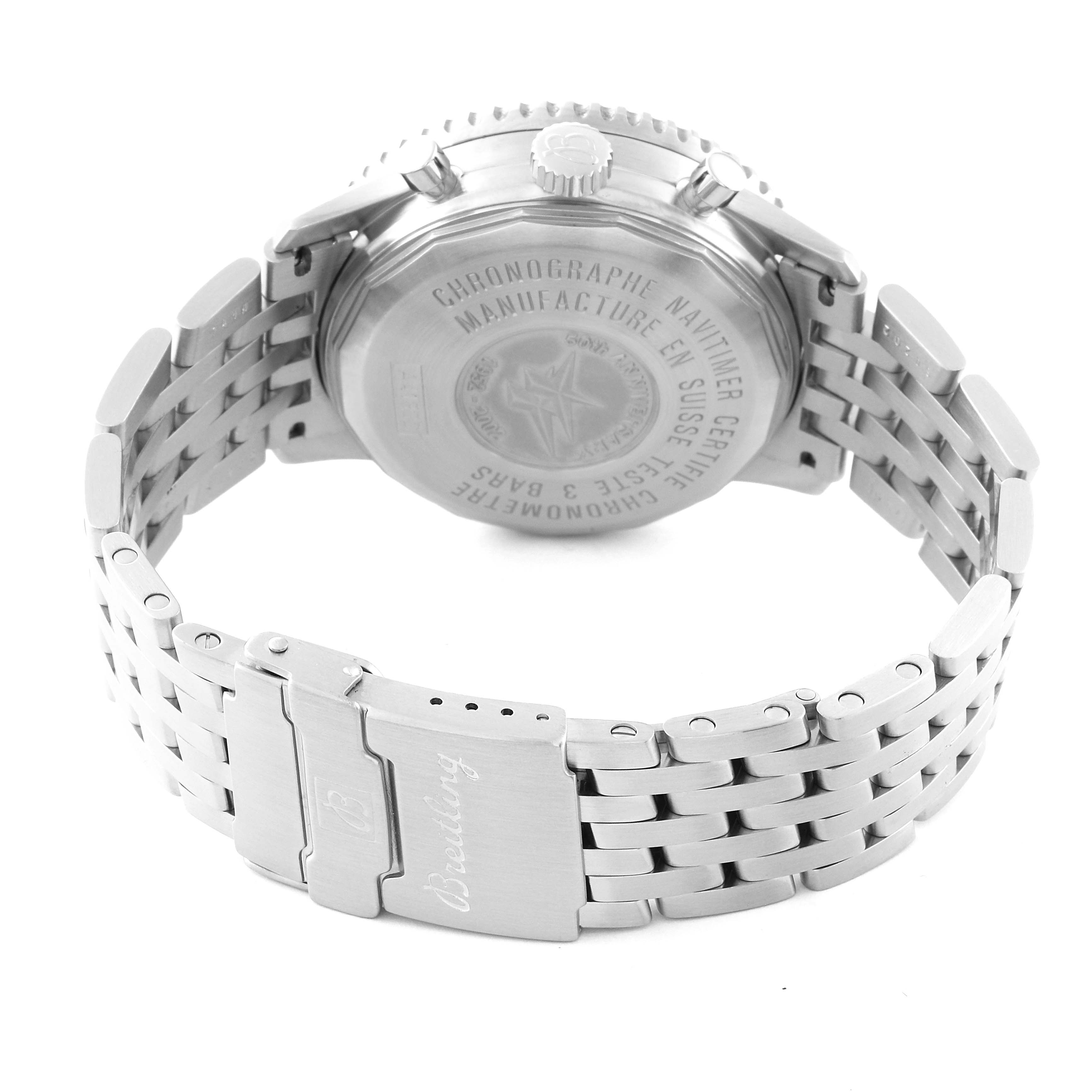 This image shows the back and bracelet of a Breitling Navitimer A41322 Men's Stainless Steel Silver Dial A41322 Men's Stainless Steel Silver Dial watch, viewed from the case back angle.