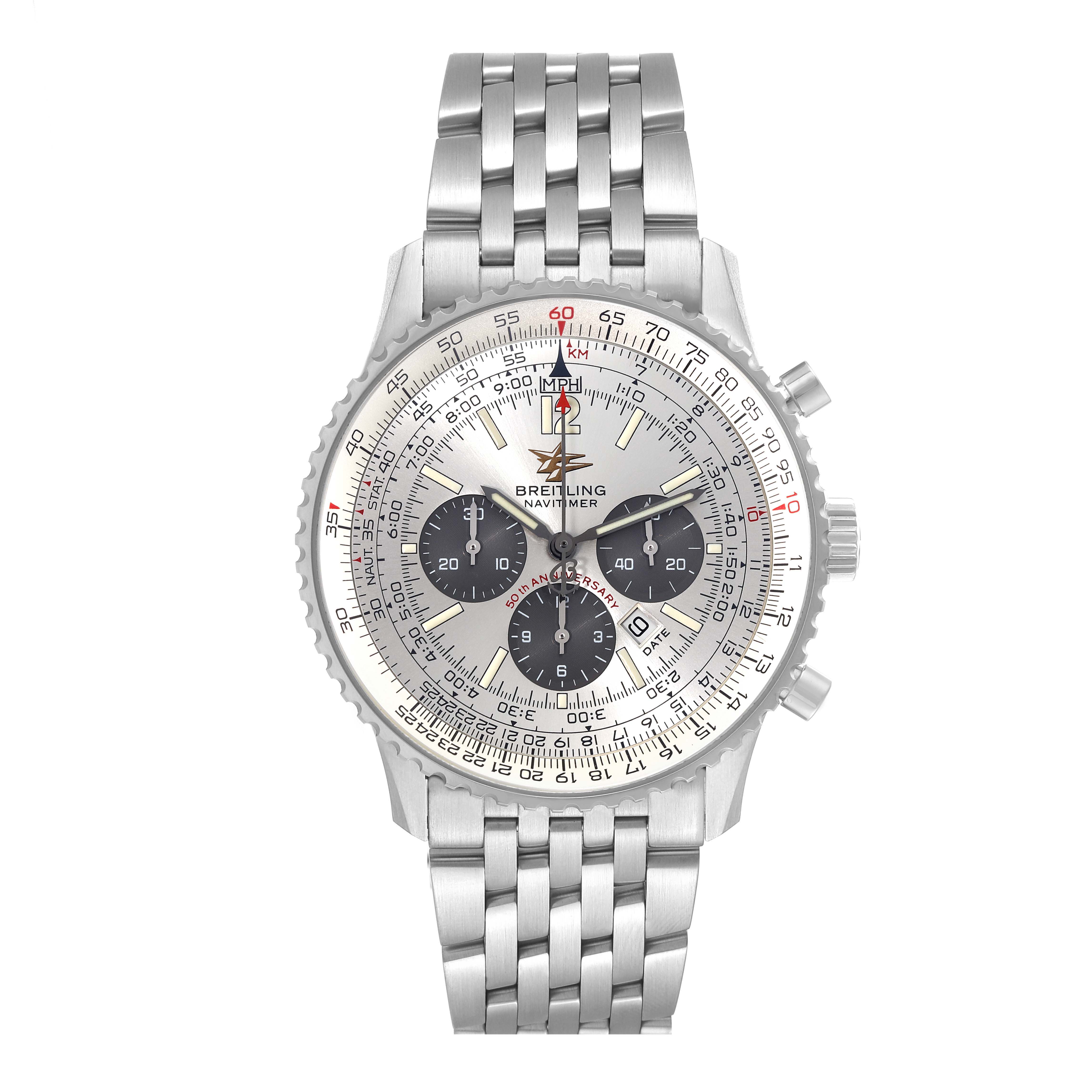 The image shows a front view of the Breitling Navitimer A41322 Men's Stainless Steel Silver Dial A41322 Men's Stainless Steel Silver Dial watch, displaying its face, bezel, and metal bracelet.