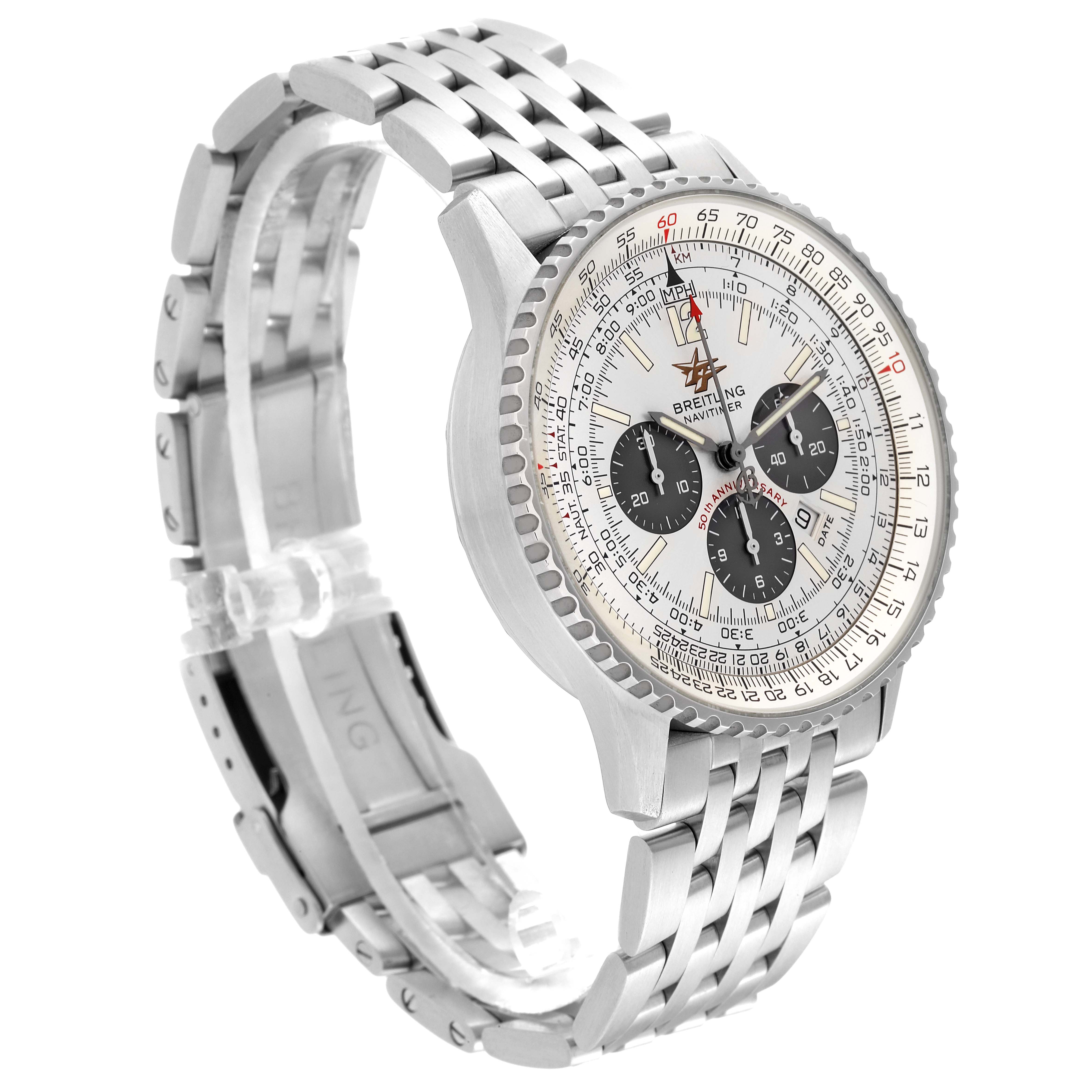 The image shows a Breitling Navitimer A41322 Men's Stainless Steel Silver Dial A41322 Men's Stainless Steel Silver Dial watch from an oblique angle, highlighting the watch face, bezel, and metal bracelet.