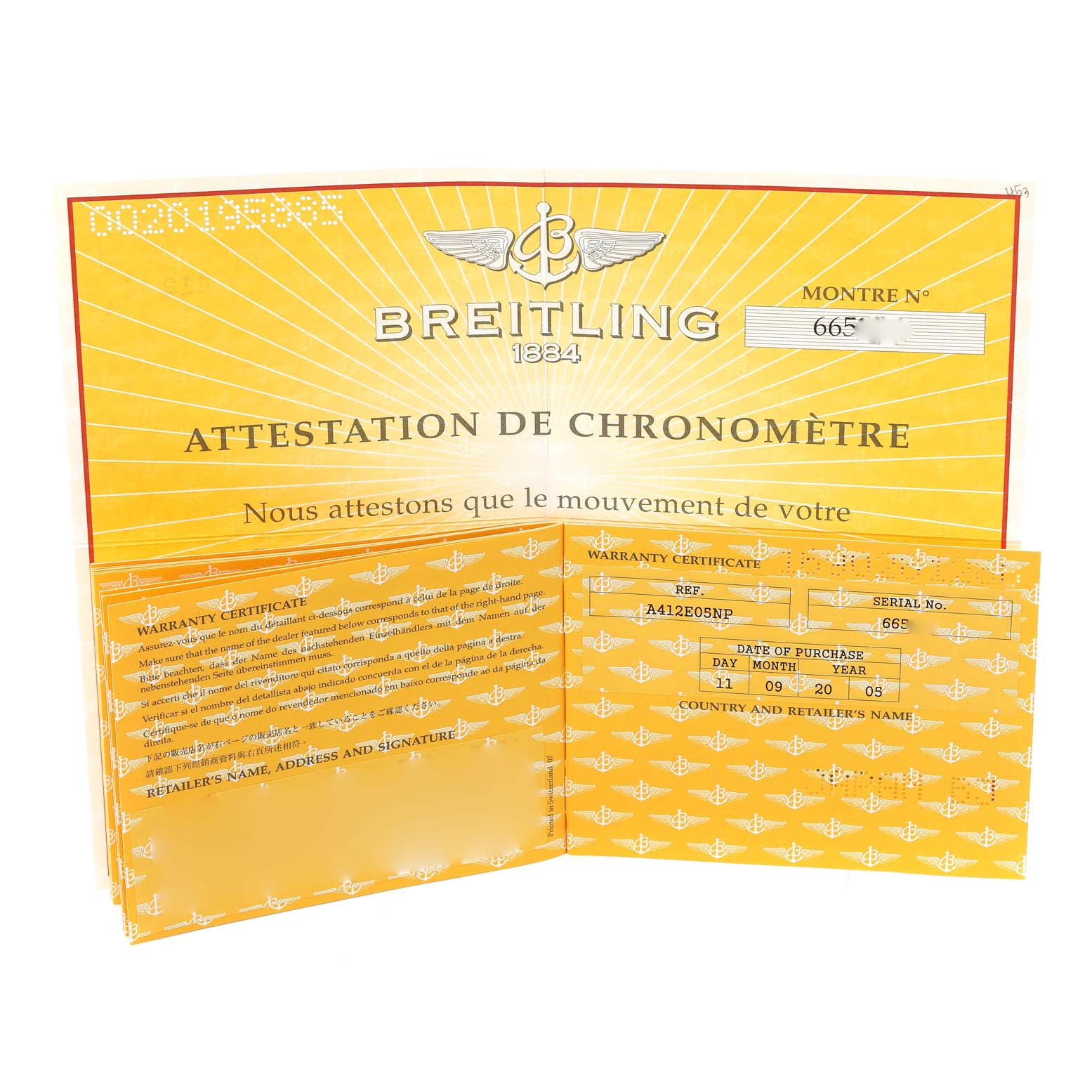 The image shows the warranty certificate and chronometer attestation for the Breitling Navitimer A41322 Men's Stainless Steel Silver Dial A41322 Men's Stainless Steel Silver Dial watch.