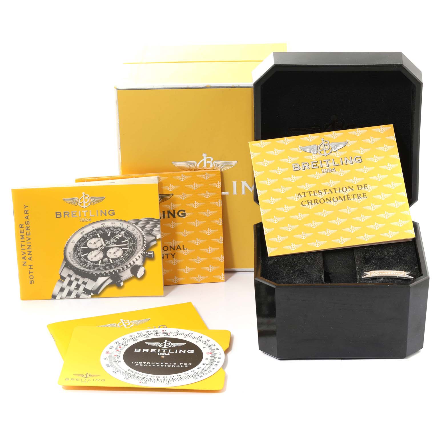 The image shows the packaging and accessories for a Breitling Navitimer A41322 Men's Stainless Steel Silver Dial A41322 Men's Stainless Steel Silver Dial watch, including manuals, a chronometer certificate, and a strap tool.