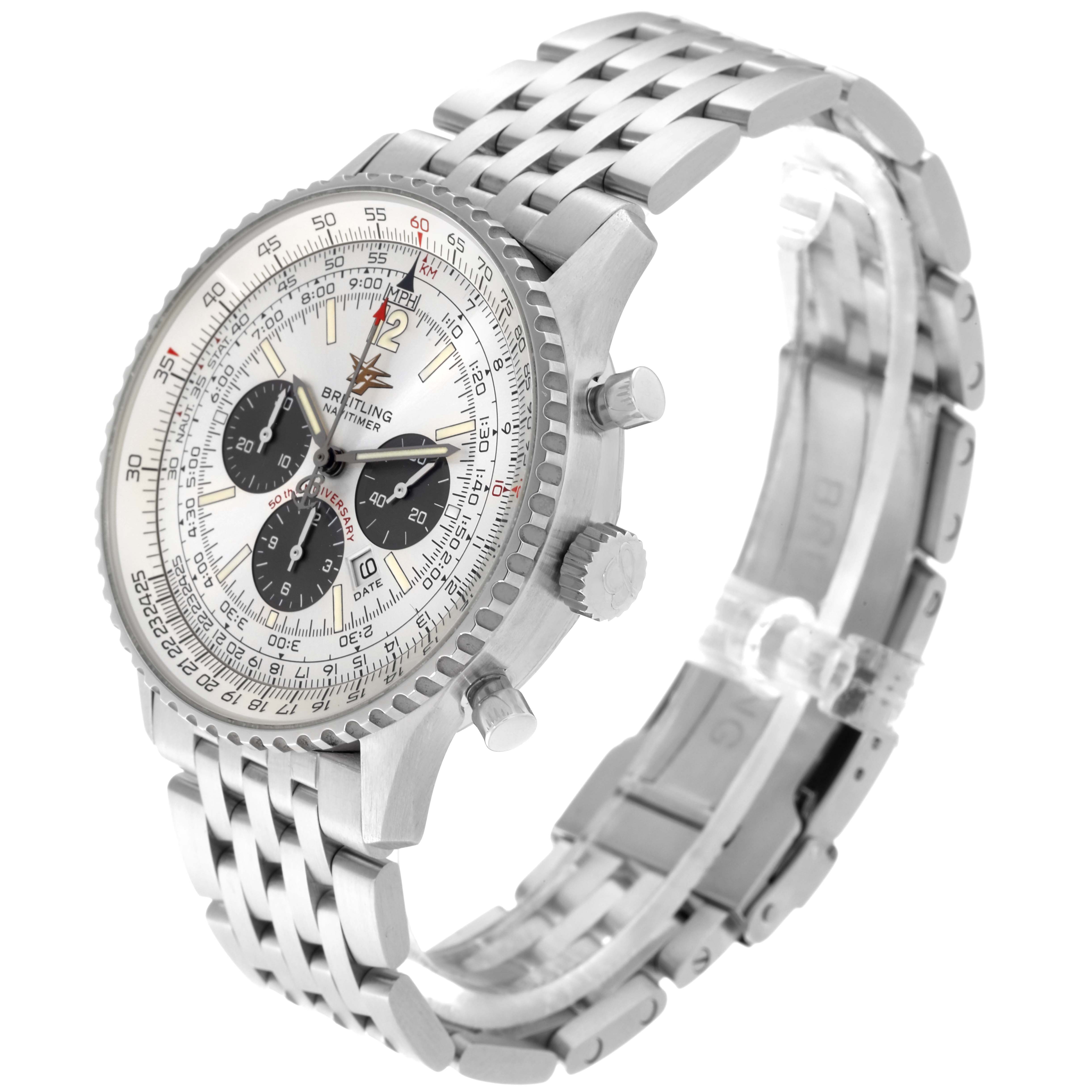This image shows a side-angle view of a Breitling Navitimer A41322 Men's Stainless Steel Silver Dial A41322 Men's Stainless Steel Silver Dial watch, displaying its dial, bezel, case, crowns, and stainless steel bracelet.