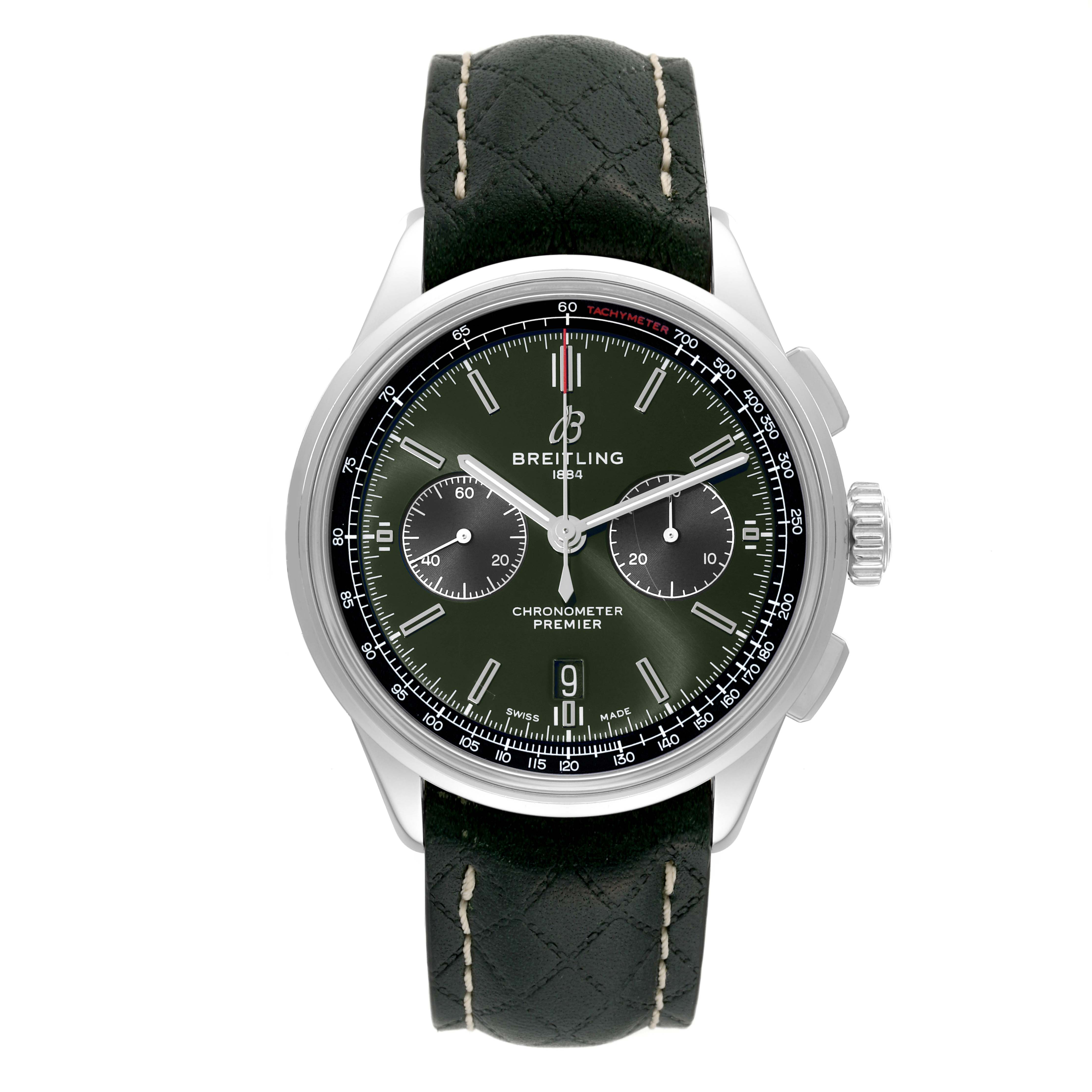 This image shows a front view of the Breitling Premier AB0118 Men's Stainless Steel Green Dial AB0118 Men's Stainless Steel Green Dial chronometer watch with a green dial and black leather strap.