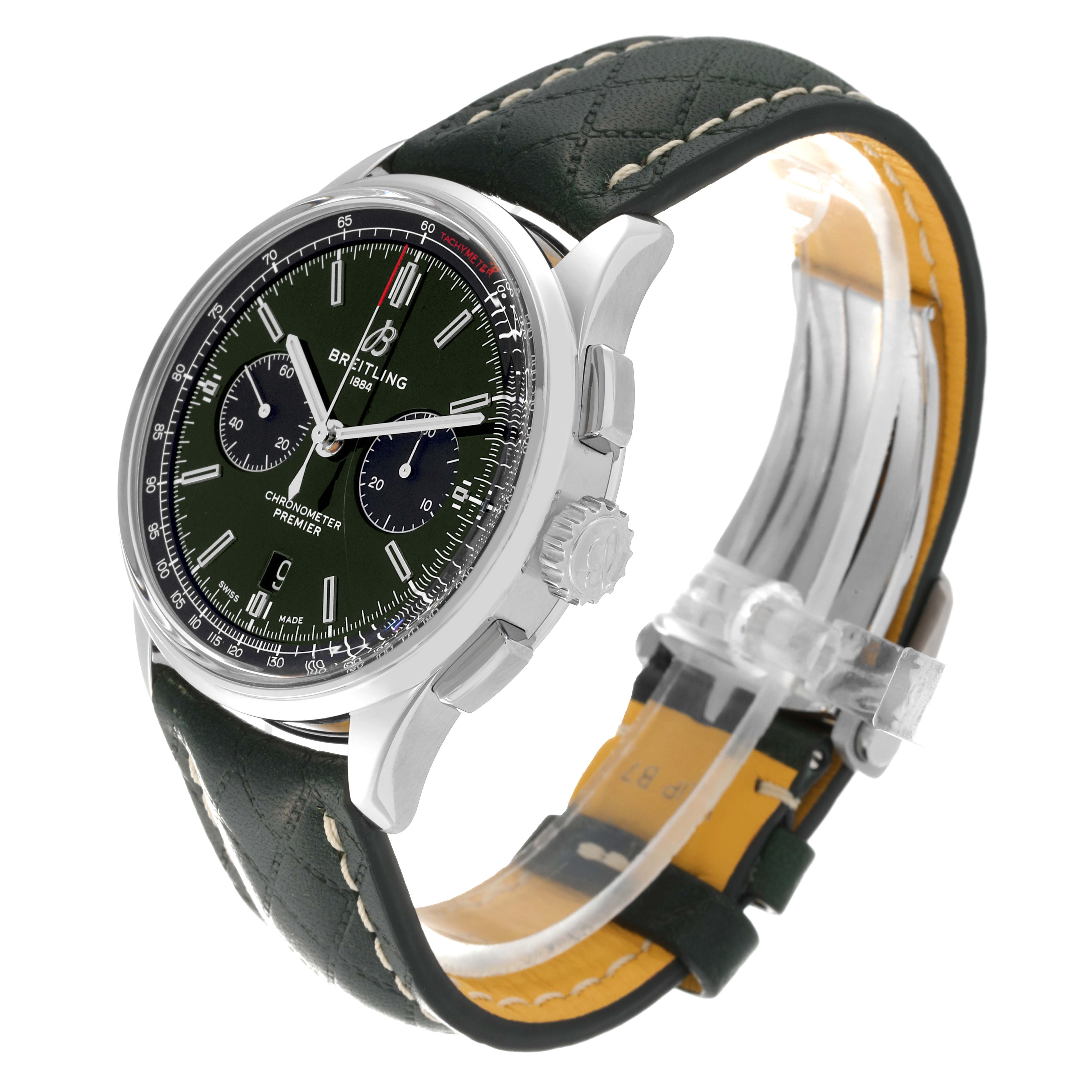 This image showcases a Breitling Premier AB0118 Men's Stainless Steel Green Dial AB0118 Men's Stainless Steel Green Dial watch from a three-quarter angle, highlighting the dial, crown, and leather strap.