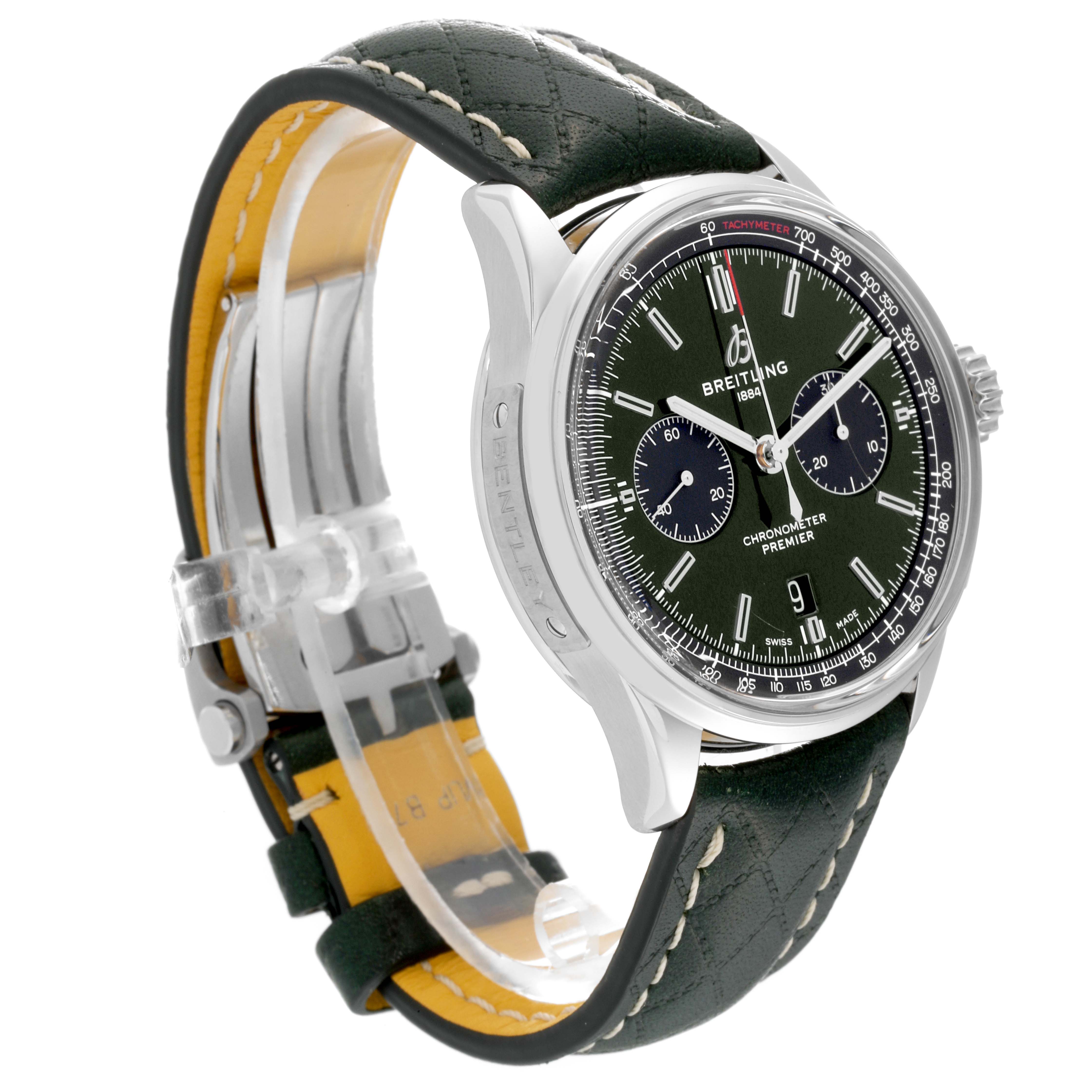 The image shows a side angle of a Breitling Premier AB0118 Men's Stainless Steel Green Dial AB0118 Men's Stainless Steel Green Dial watch, highlighting the green dial, chronometer, strap, and clasp.