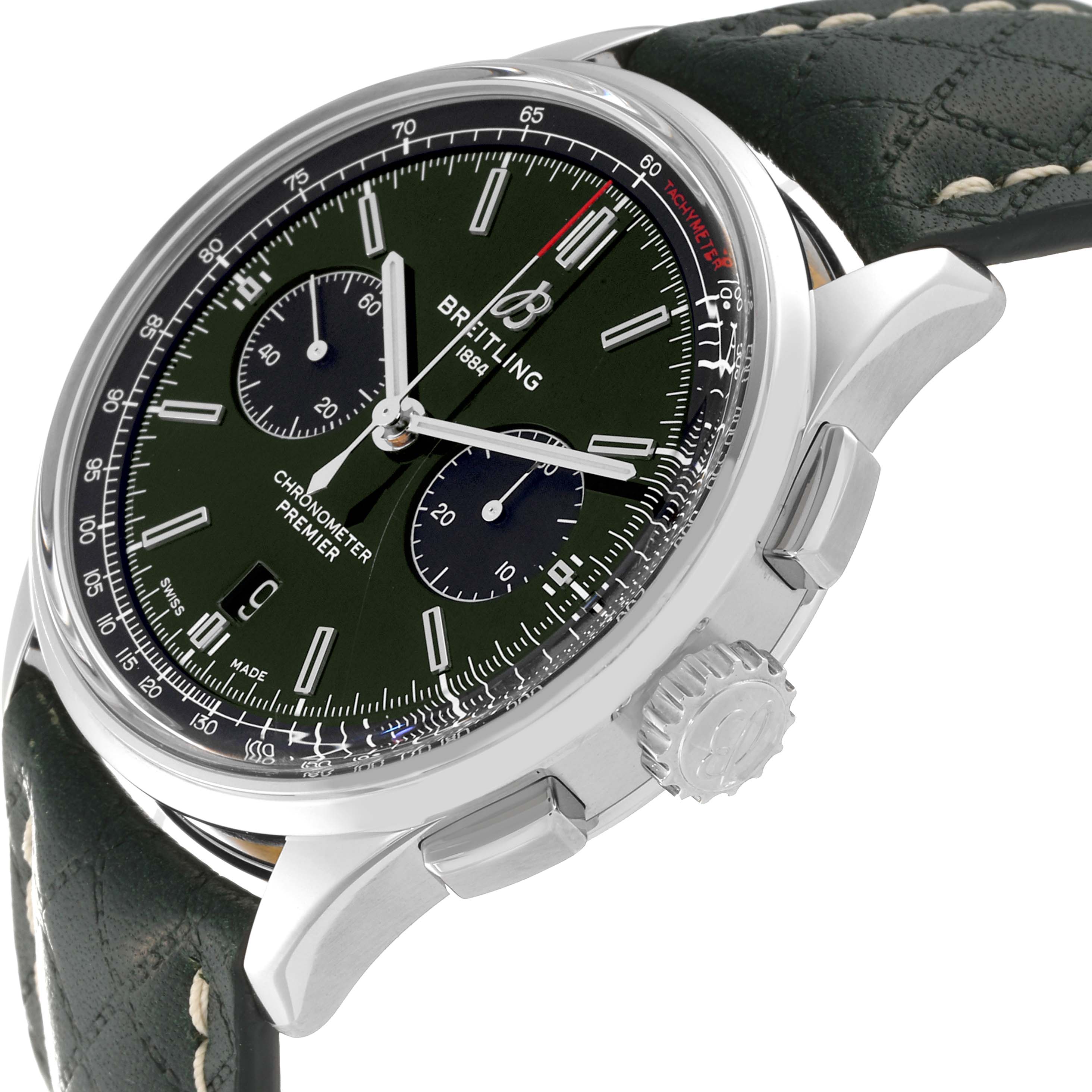 This image shows a close-up side view of the Breitling Premier AB0118 Men's Stainless Steel Green Dial AB0118 Men's Stainless Steel Green Dial watch, highlighting the dial, crown, and chronograph pushers.