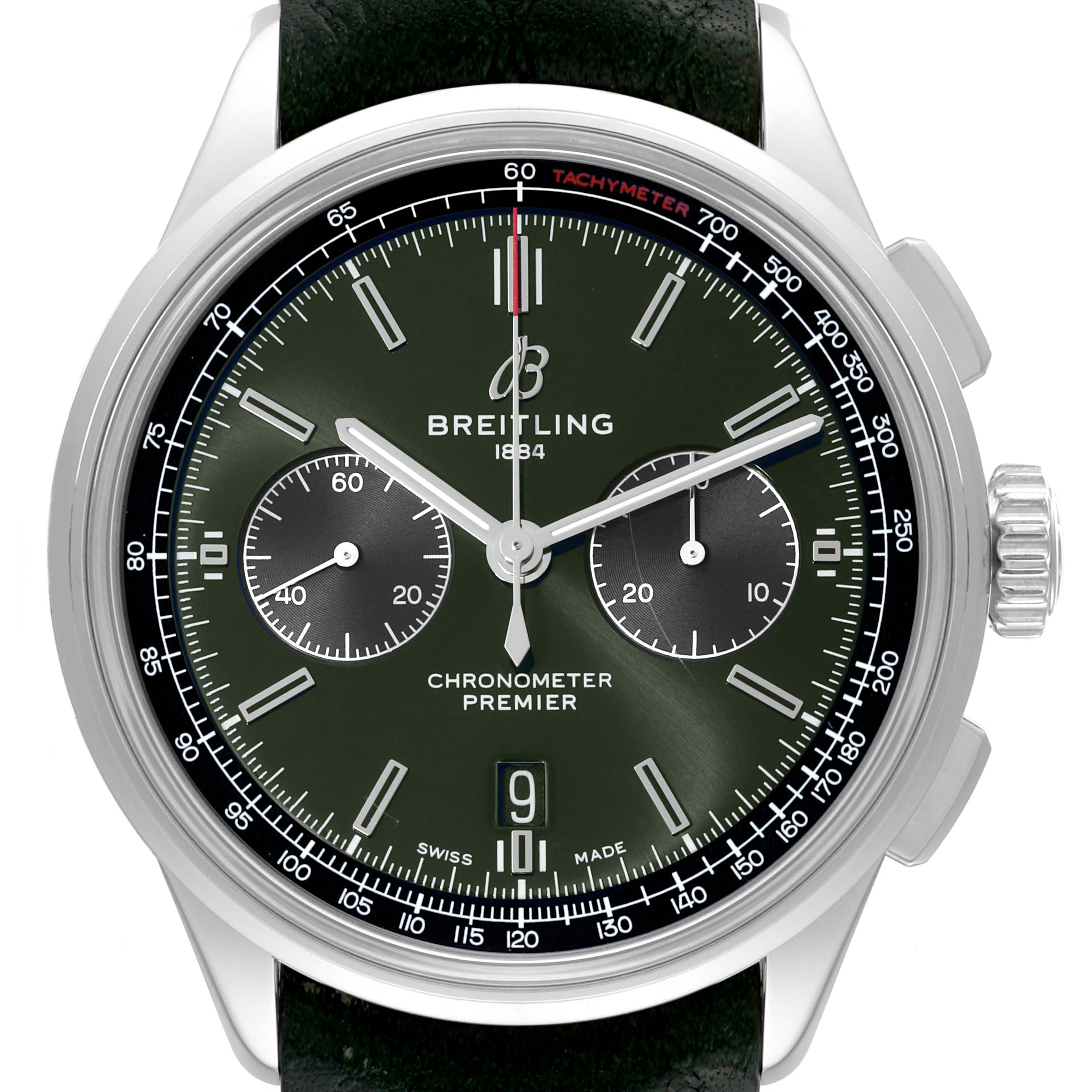 This Breitling Premier AB0118 Men's Stainless Steel Green Dial AB0118 Men's Stainless Steel Green Dial model watch is shown from the front, highlighting its dial, subdials, bezel, and crown.