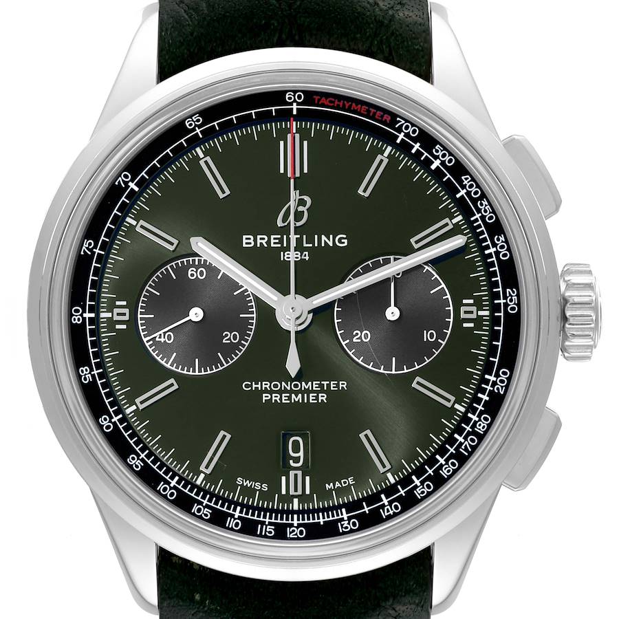 This Breitling Premier model watch is shown from the front, highlighting its dial, subdials, bezel, and crown.