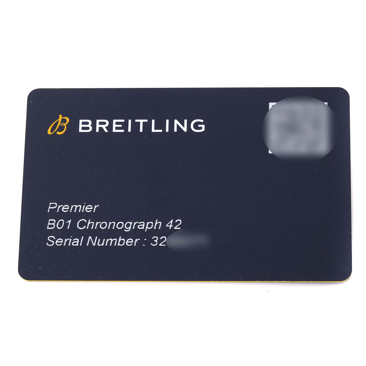 This image shows the warranty card for a Breitling Premier AB0118 Men's Stainless Steel Green Dial AB0118 Men's Stainless Steel Green Dial B01 Chronograph 42 watch, displaying the model and serial number.