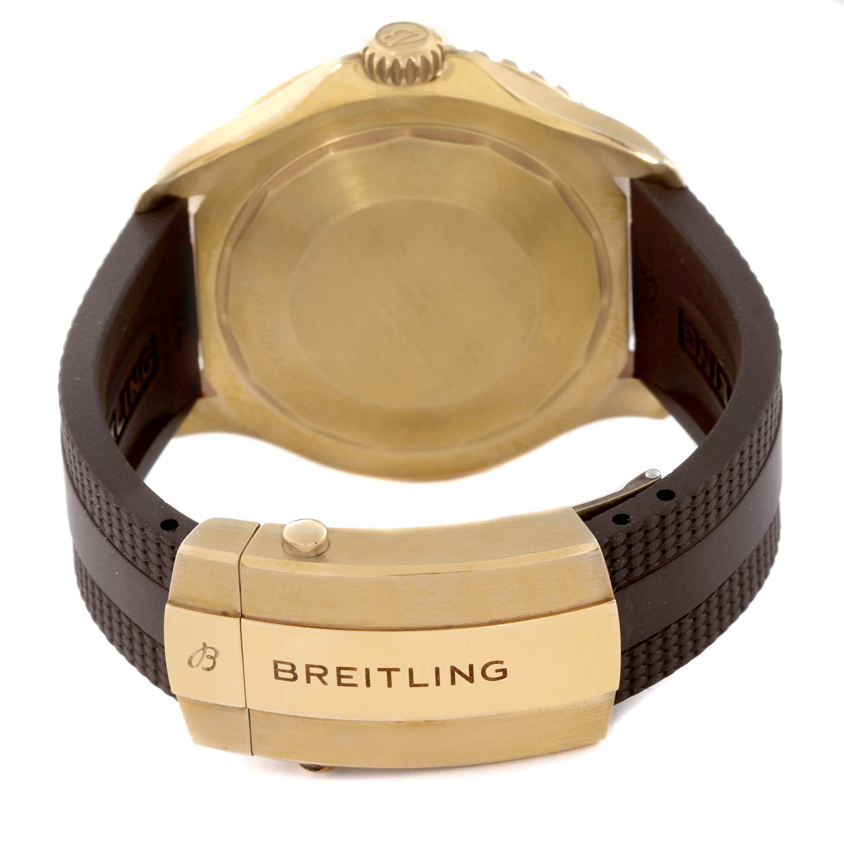 This view of the Breitling Superocean N17376201Q1S1 Men's Bronze Brown Dial N17376201Q1S1 Men's Bronze Brown Dial watch shows the case back and buckle of the strap.