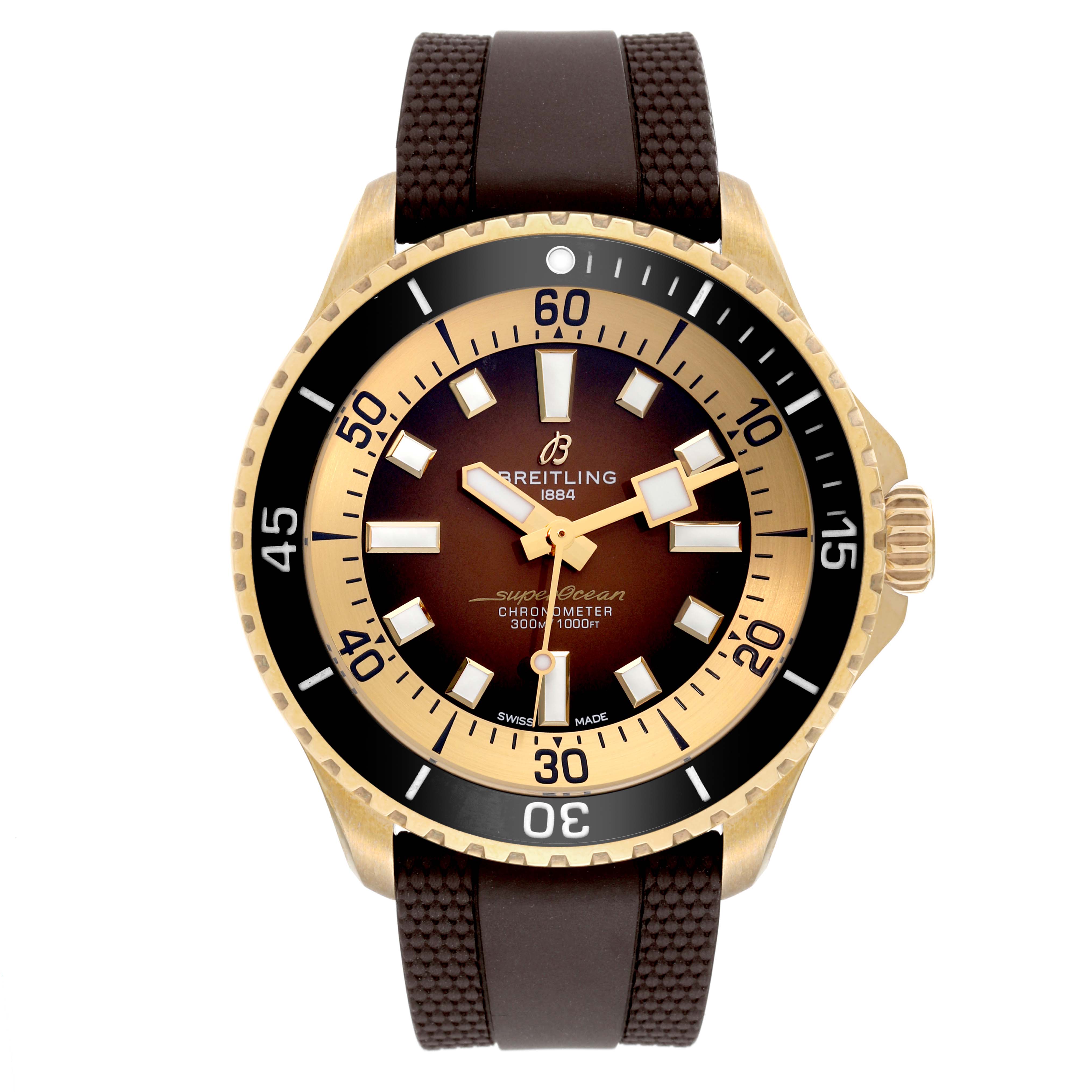 The image shows a front view of the Breitling Superocean N17376201Q1S1 Men's Bronze Brown Dial N17376201Q1S1 Men's Bronze Brown Dial watch with a brown dial and black rubber strap.