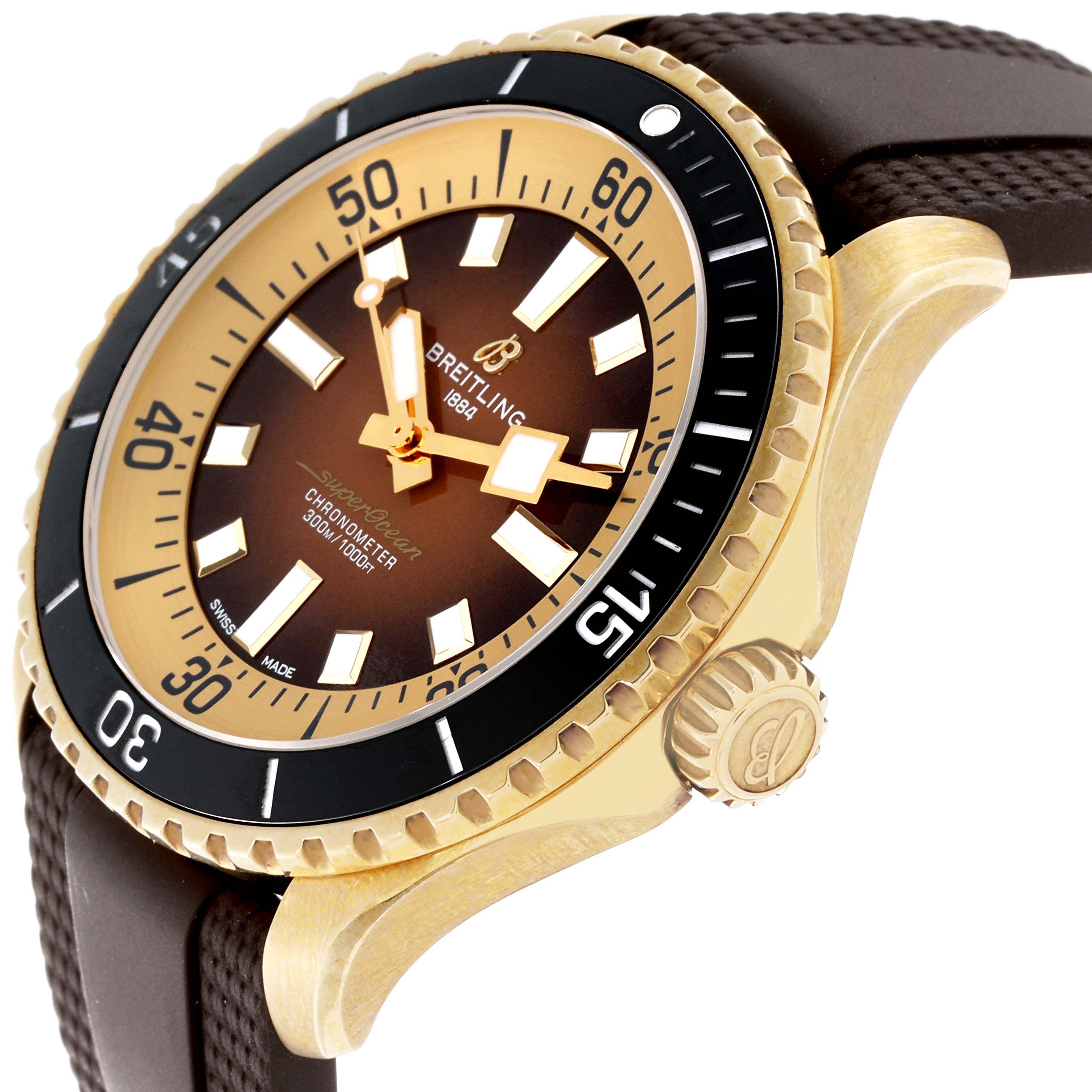 The image shows a Breitling Superocean N17376201Q1S1 Men's Bronze Brown Dial N17376201Q1S1 Men's Bronze Brown Dial watch at an angled view, highlighting its dial, bezel, crown, and a portion of the strap.