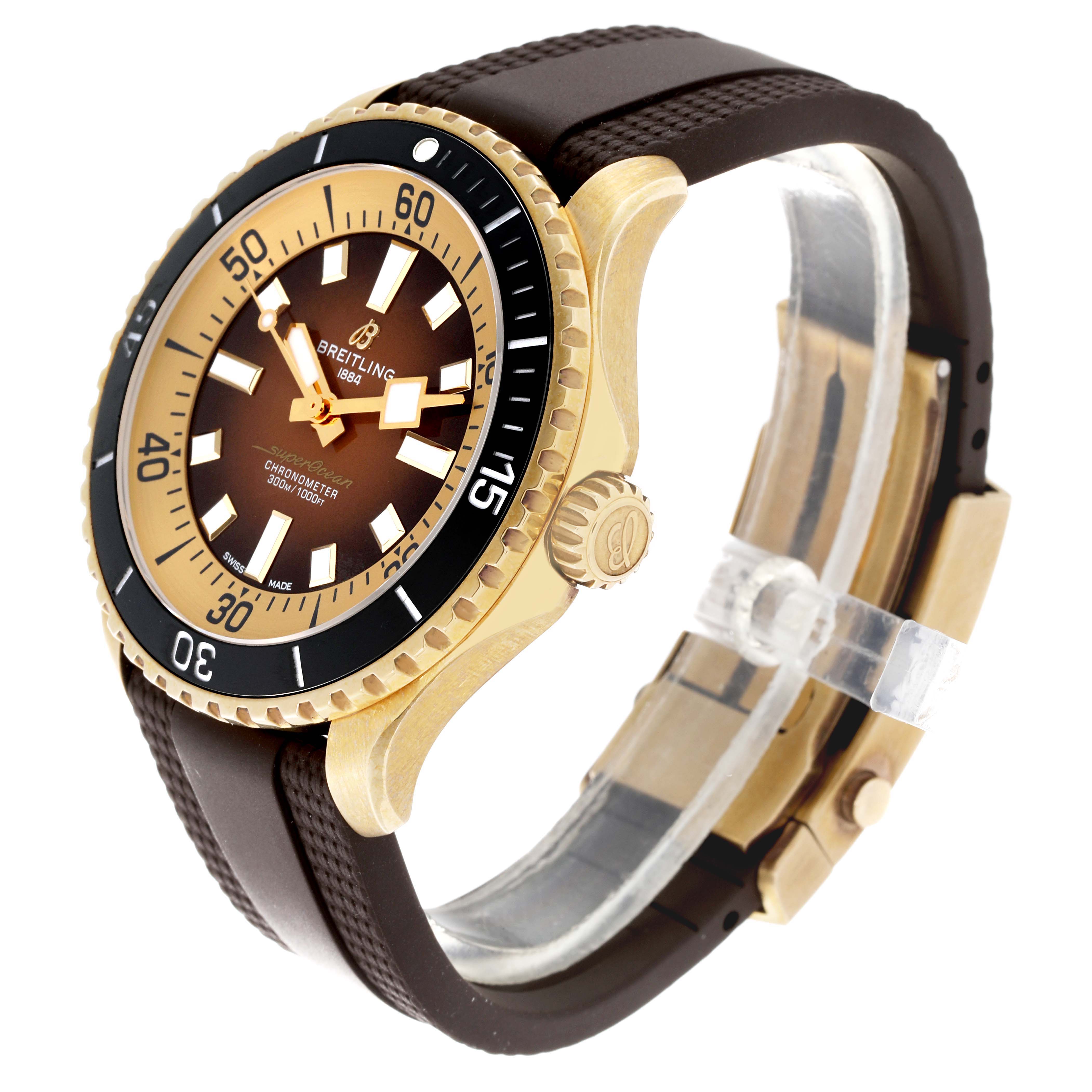 The image shows a side-angle view of a Breitling Superocean N17376201Q1S1 Men's Bronze Brown Dial N17376201Q1S1 Men's Bronze Brown Dial watch, highlighting the bezel, dial, crown, and strap.