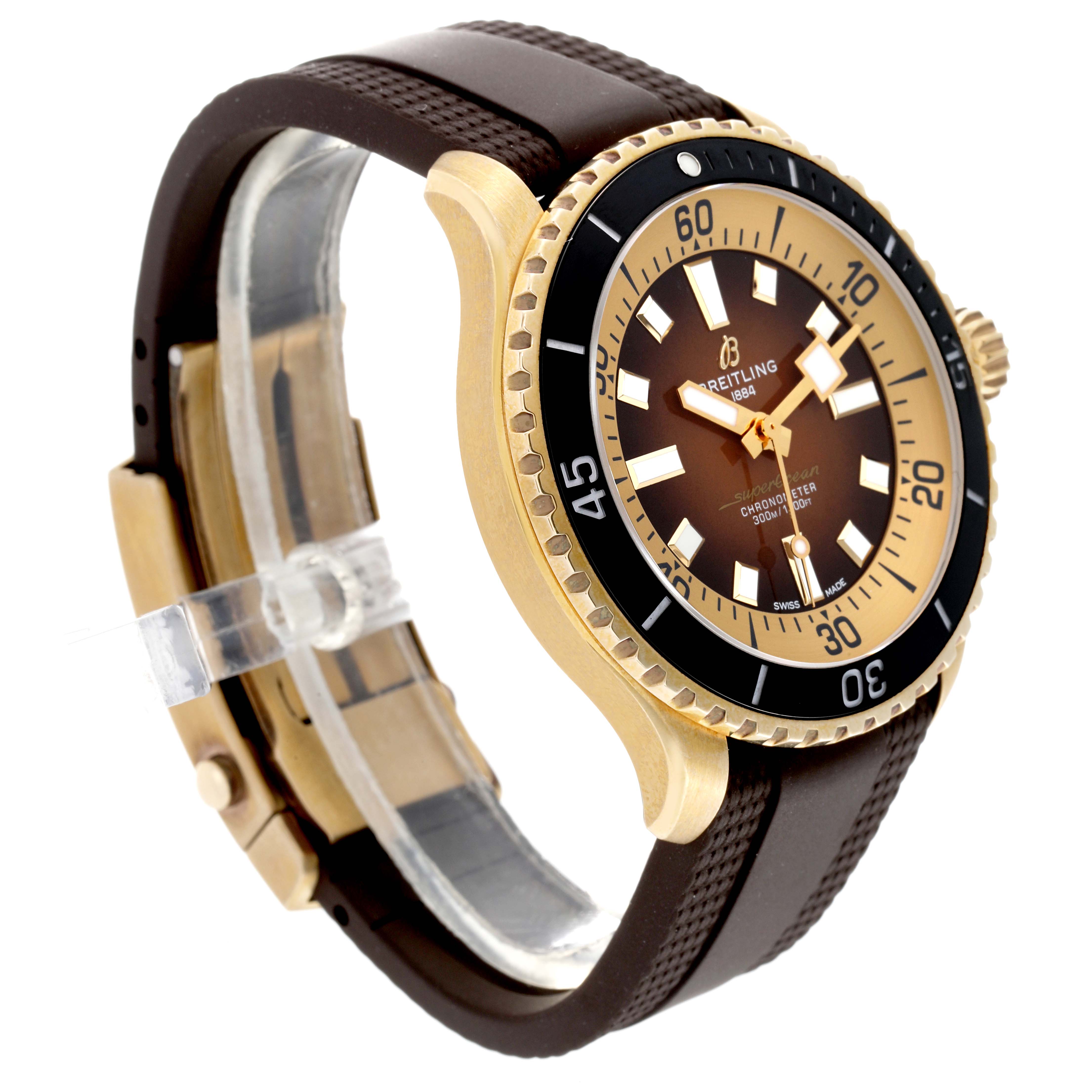 The image shows a Breitling Superocean N17376201Q1S1 Men's Bronze Brown Dial N17376201Q1S1 Men's Bronze Brown Dial watch at a 3/4 angle, displaying the face, bezel, crown, and part of the strap.
