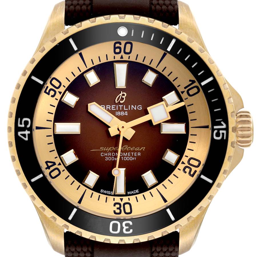 The Superocean model by Breitling is shown from the front, highlighting the dial, bezel, crown, and part of the strap.