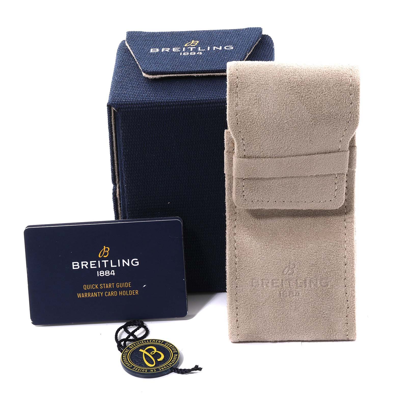 This image shows the packaging accessories for the Breitling Superocean N17376201Q1S1 Men's Bronze Brown Dial N17376201Q1S1 Men's Bronze Brown Dial watch, including a box, a pouch, a quick start guide, and a warranty card holder.
