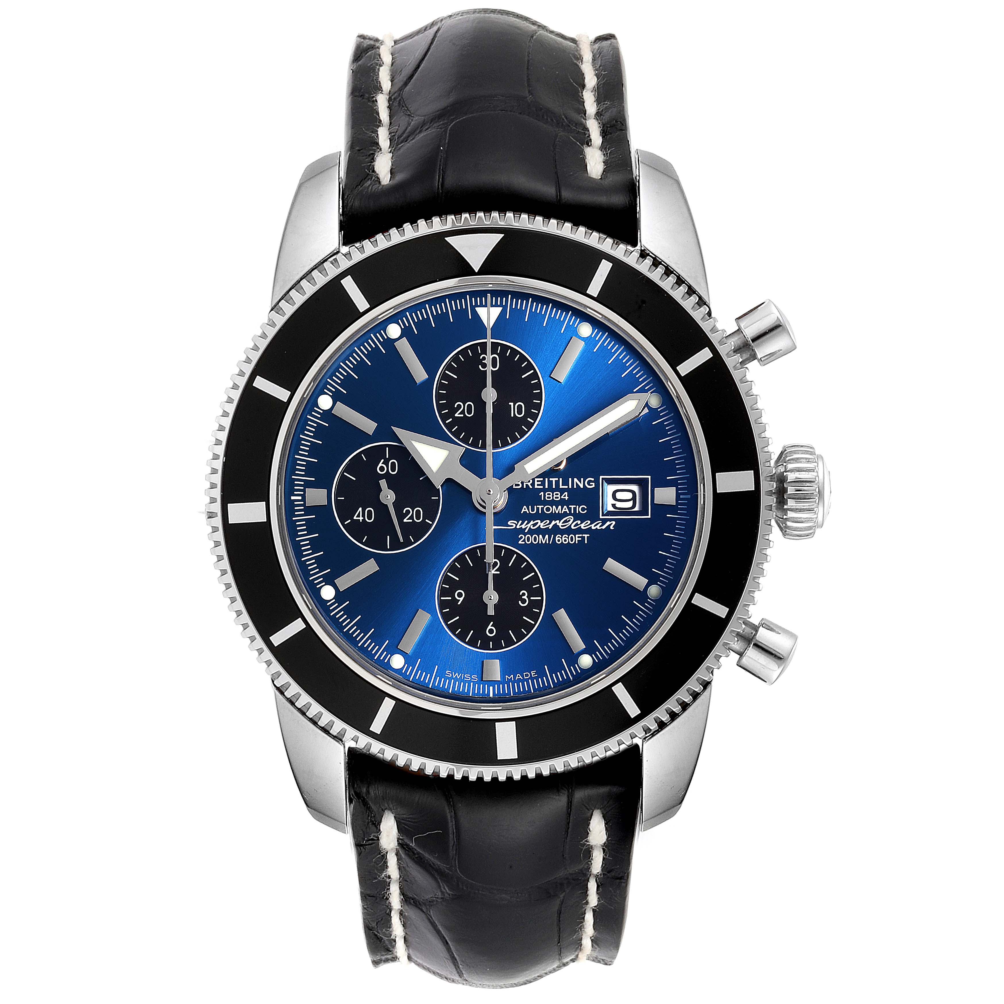The Breitling Superocean A13320 Men's Stainless Steel Blue Dial A13320 Men's Stainless Steel Blue Dial model is shown from a front angle, displaying the dial, bezel, and leather strap.