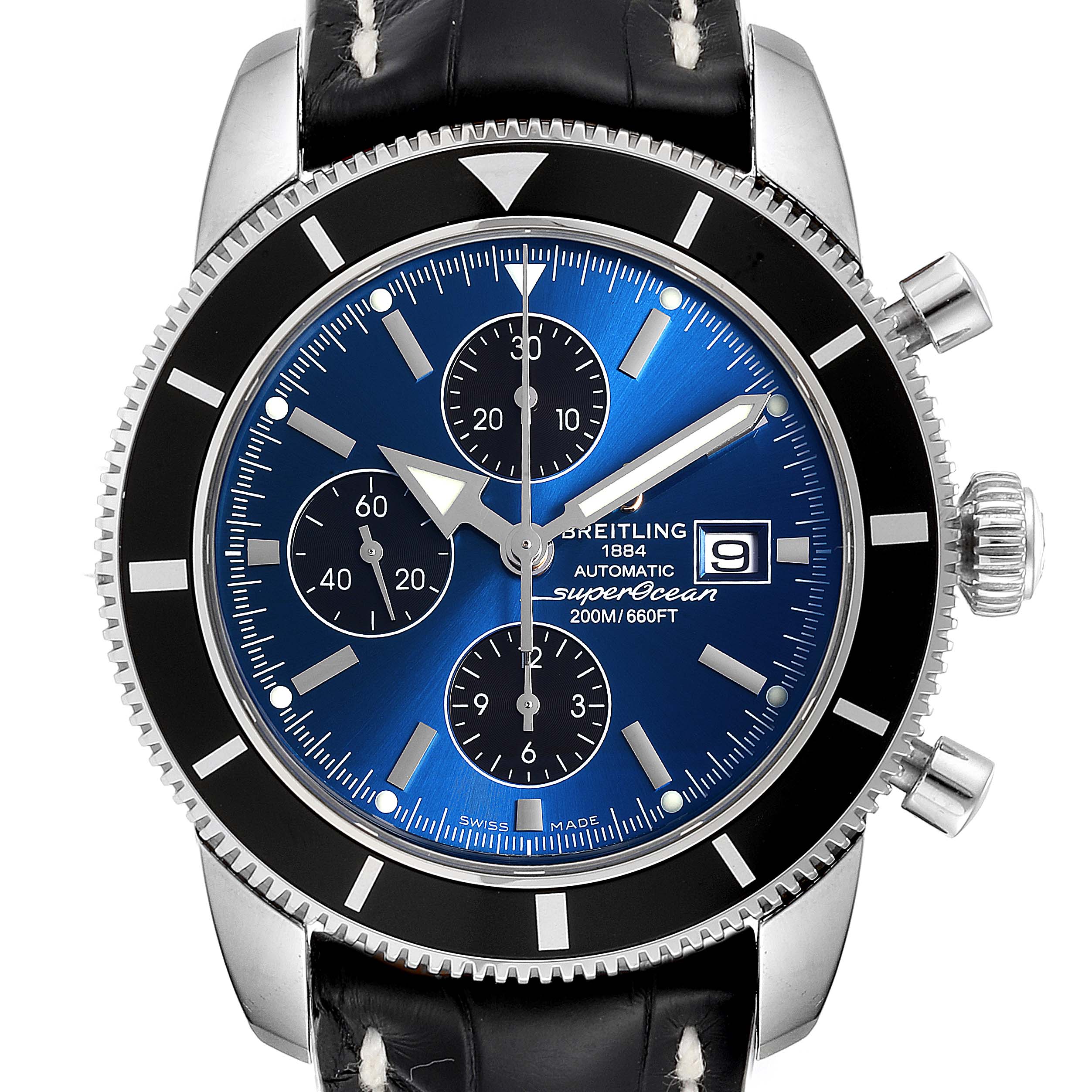 The image shows a front view of a Breitling Superocean A13320 Men's Stainless Steel Blue Dial A13320 Men's Stainless Steel Blue Dial watch, highlighting its blue dial, black bezel, and chronograph features.