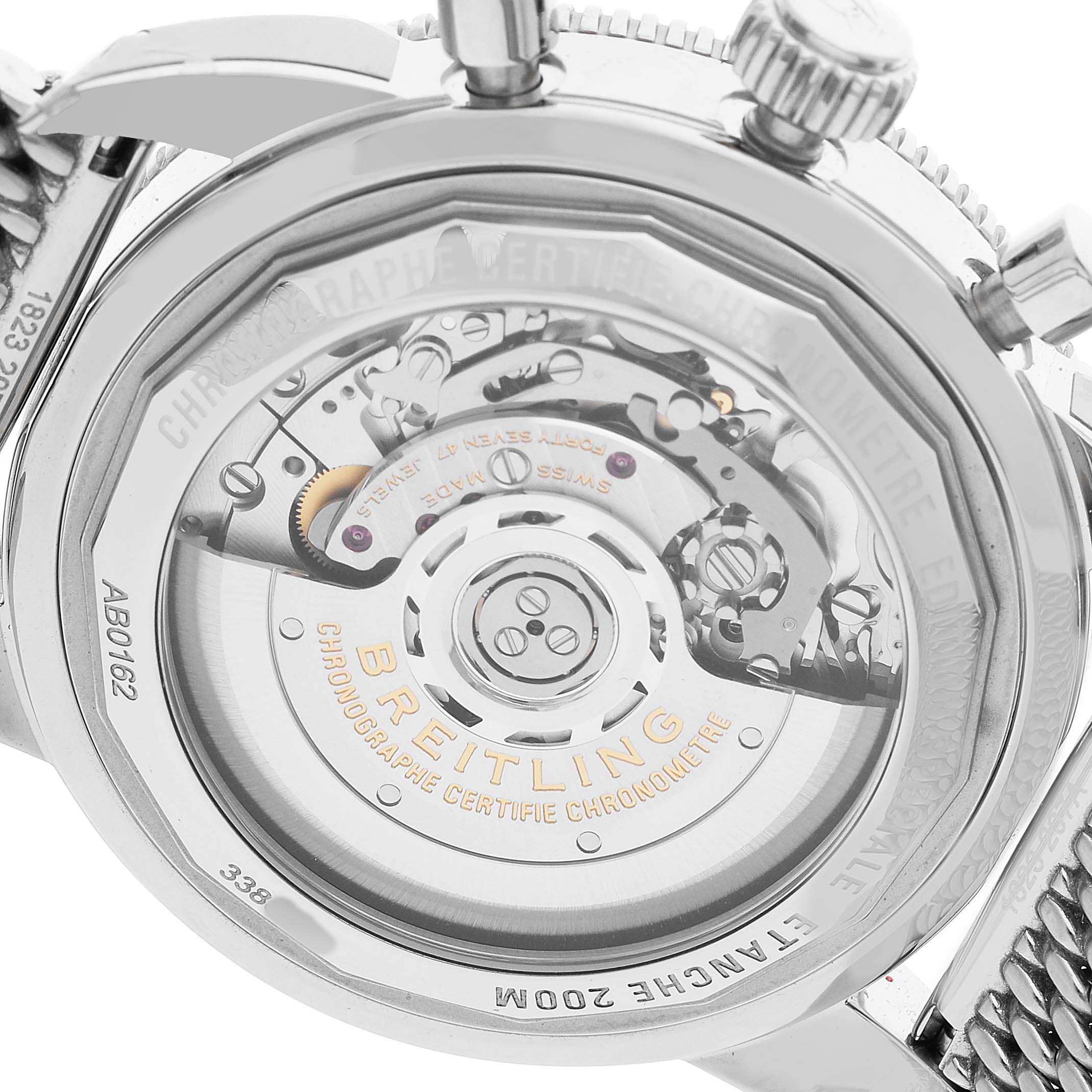 The image shows the back view of a Breitling Superocean AB0162 Men's Stainless Steel Silver Dial watch, displaying its intricate internal movement.