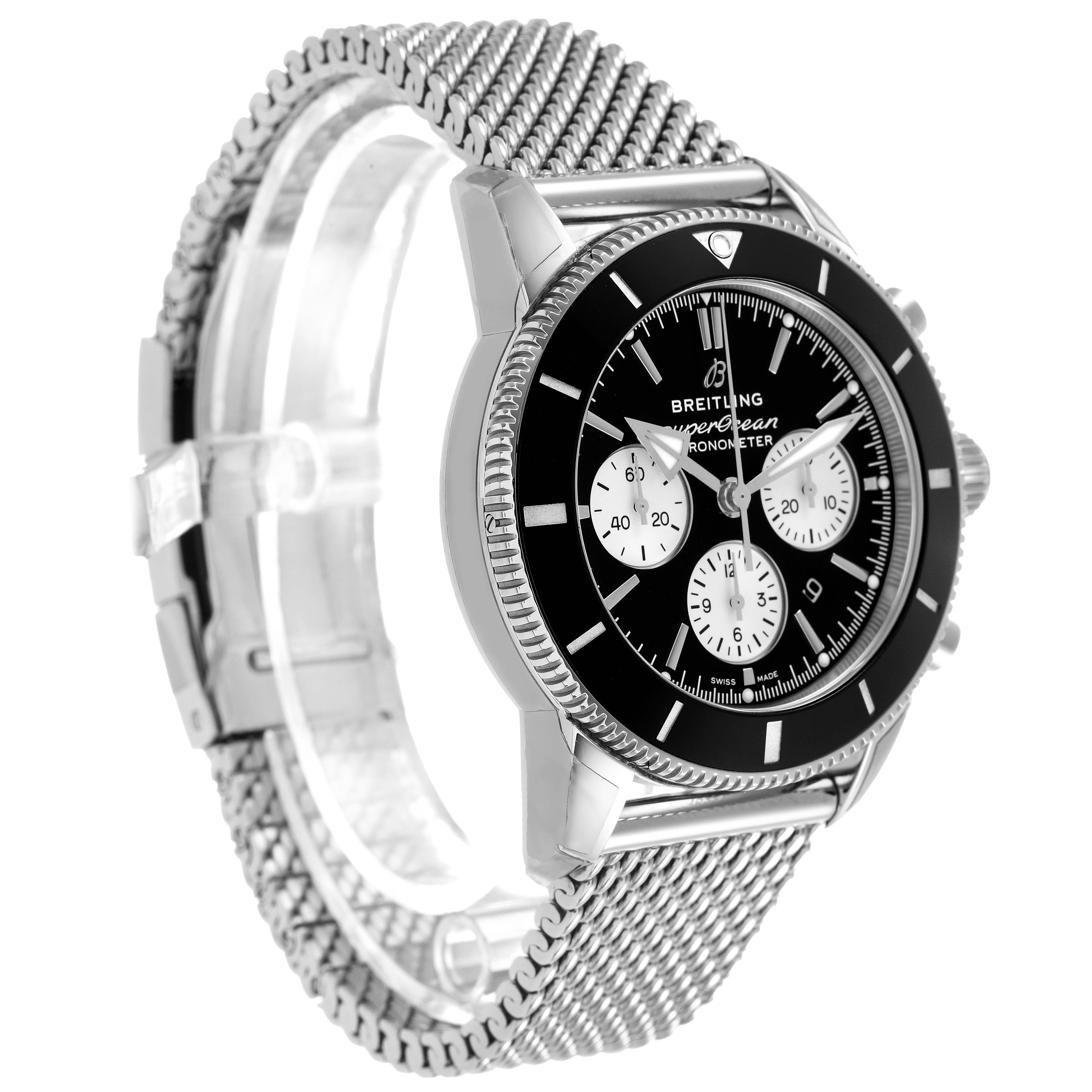 The Breitling Superocean AB0162 Men's Stainless Steel Silver Dial watch is shown at a 3/4 angle, highlighting the face, bezel, and metal mesh strap.