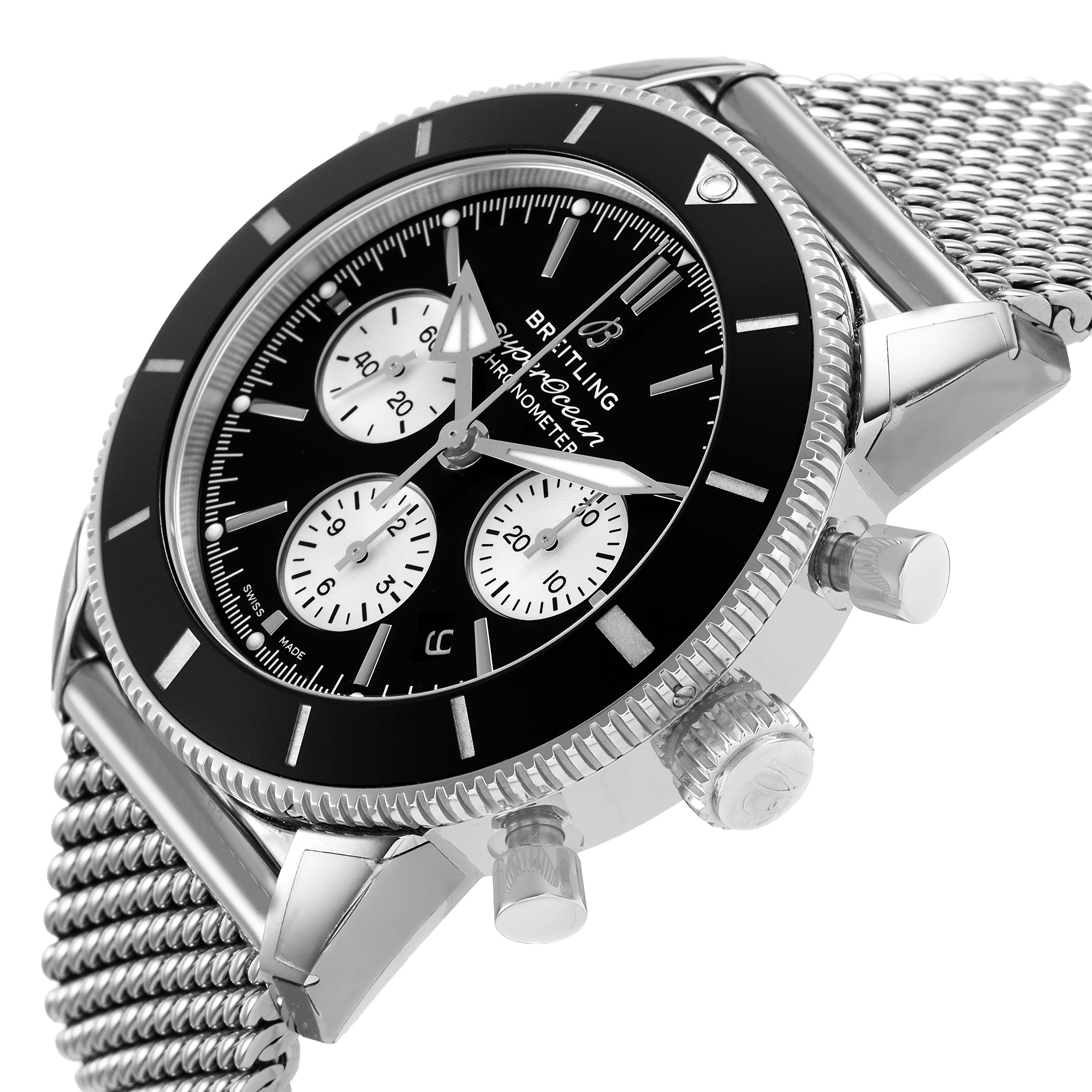 The Breitling Superocean AB0162 Men's Stainless Steel Silver Dial watch is angled showing the dial, bezel, crown, pushers, and mesh bracelet from a side perspective.
