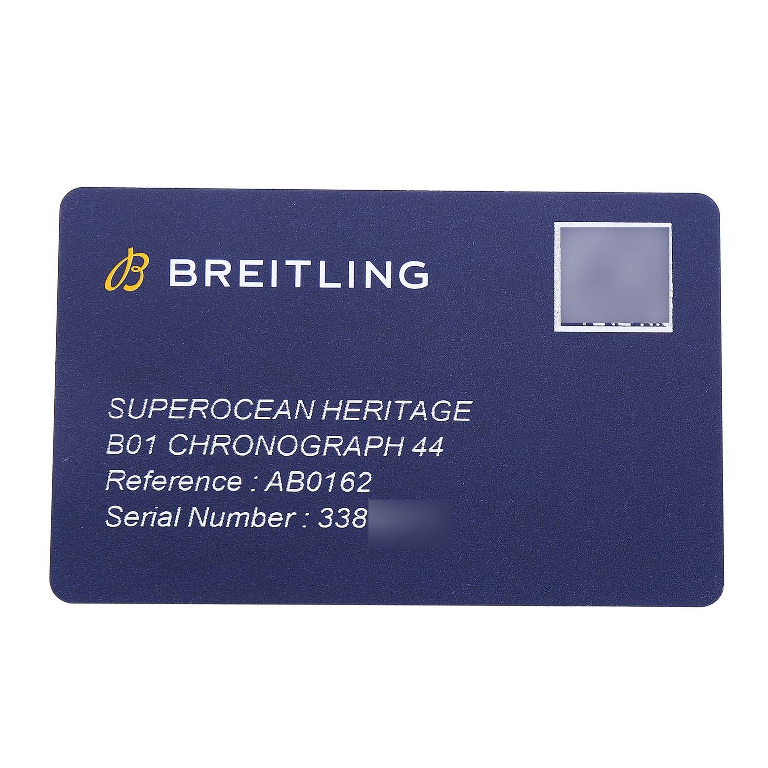 The image shows a Breitling Superocean AB0162 Men's Stainless Steel Silver Dial Heritage B01 Chronograph 44 warranty card with reference and serial numbers.