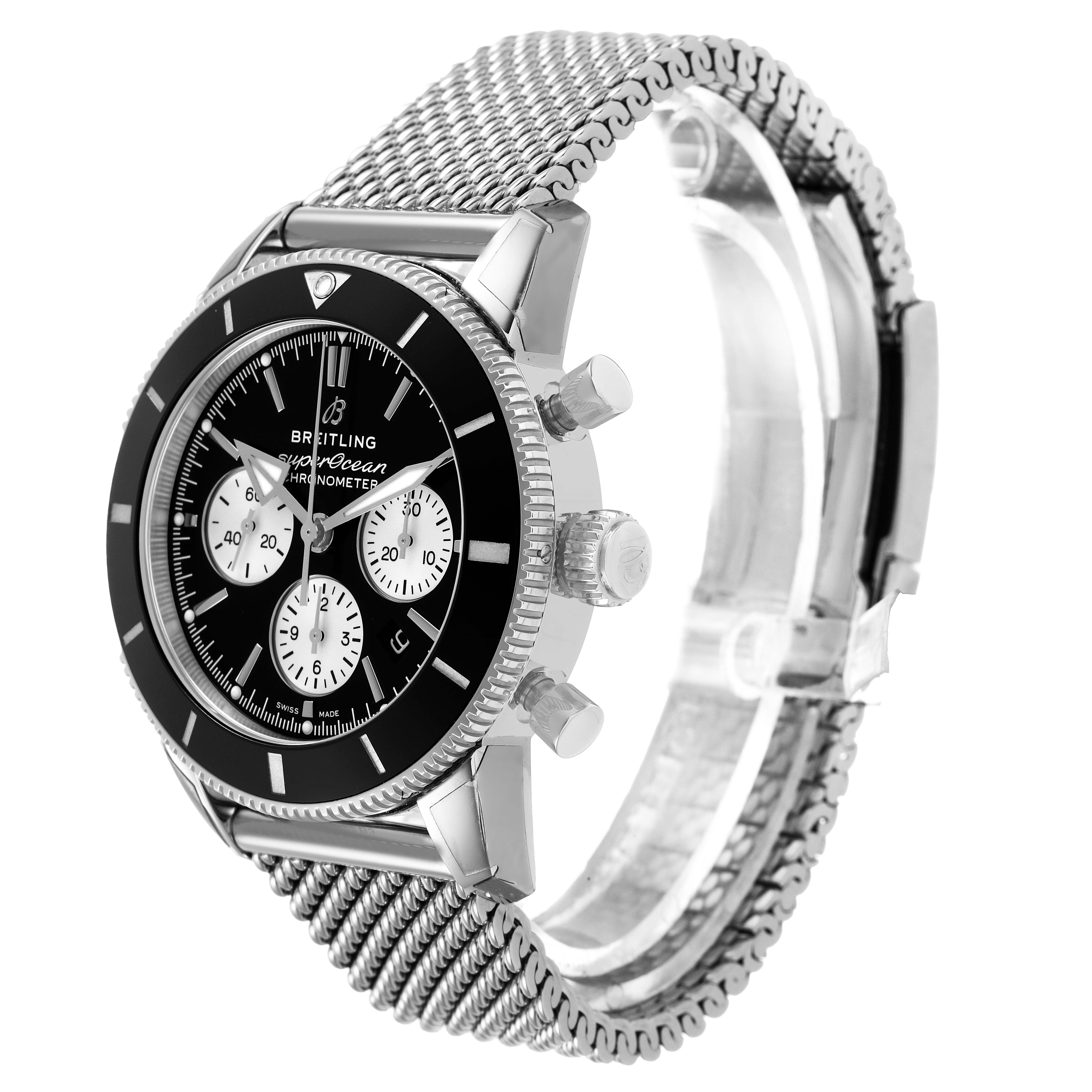 The Breitling Superocean AB0162 Men's Stainless Steel Silver Dial watch is shown at a three-quarter angle, featuring its face, bezel, crown, pushers, and mesh bracelet.