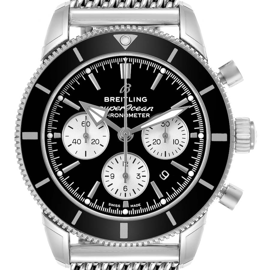 The Breitling Superocean AB0162 Men's Stainless Steel Silver Dial watch is shown from a front angle, featuring its bezel, dial, subdials, and crown.