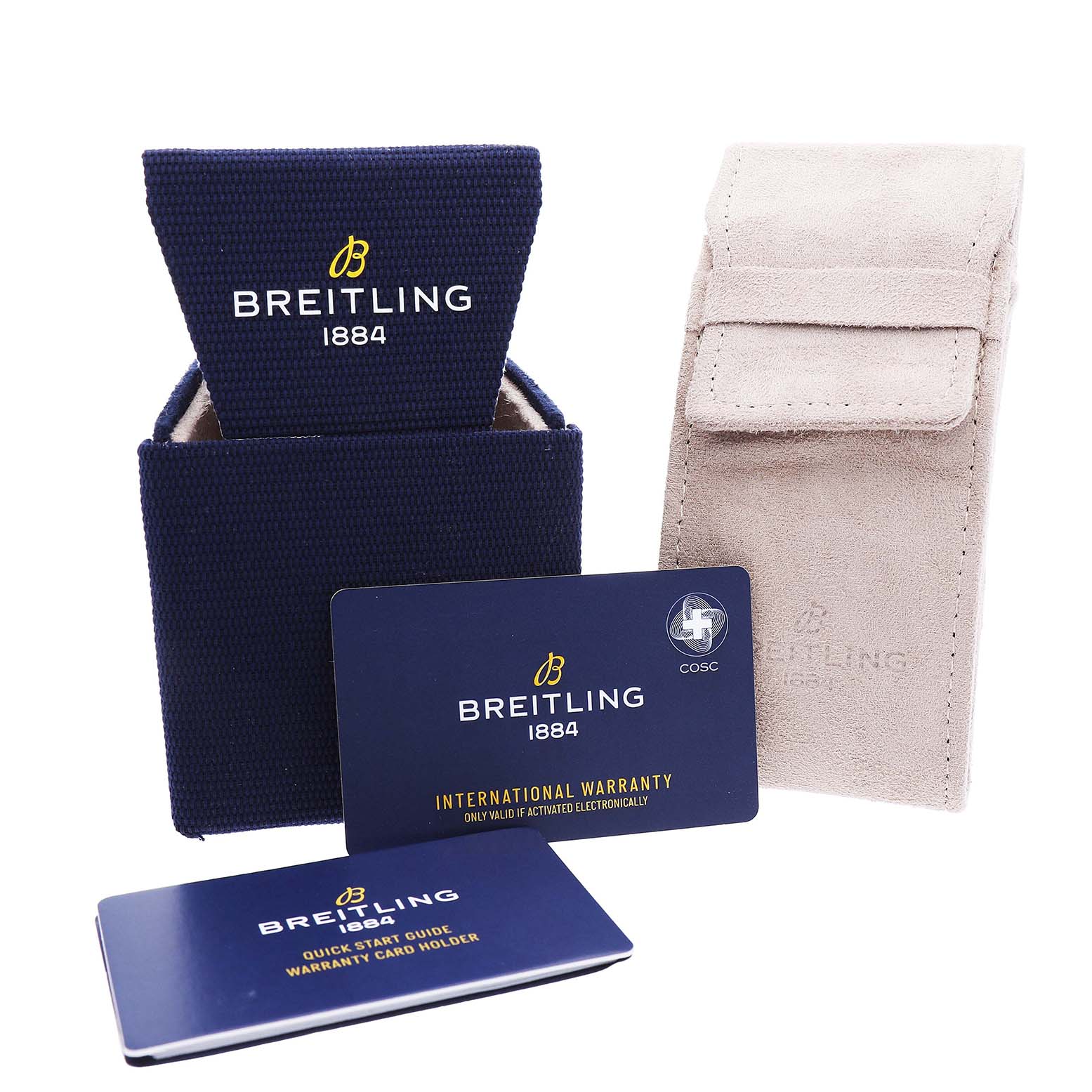 The image shows the watch box, a pouch, and warranty cards for the Breitling Superocean AB0162 Men's Stainless Steel Silver Dial model.