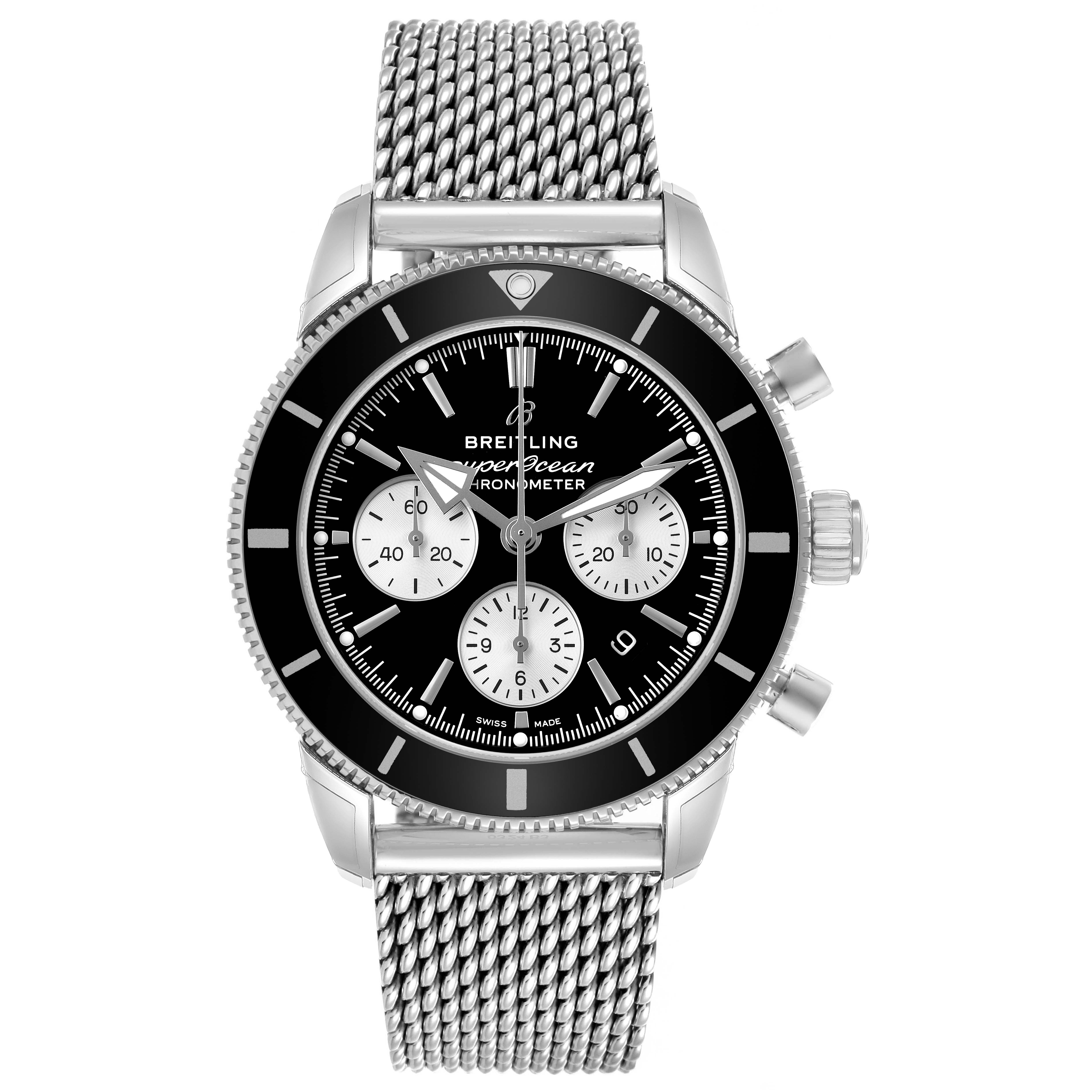 The Breitling Superocean AB0162 Men's Stainless Steel Silver Dial watch is shown from a top-down angle, displaying the dial, bezel, and mesh bracelet.
