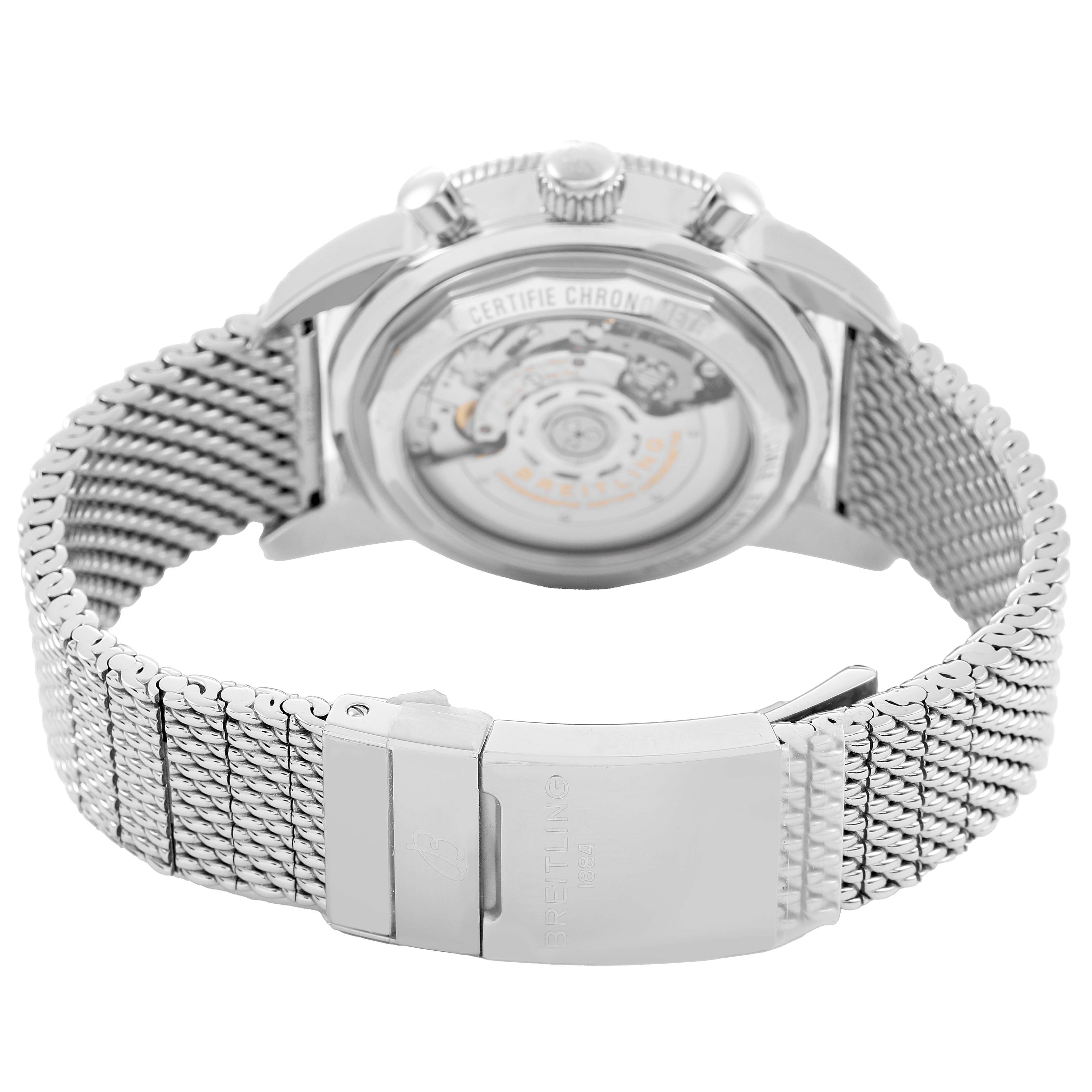 The Breitling Superocean AB0162 Men's Stainless Steel Silver Dial watch is shown from the back, featuring the exhibition case back and stainless steel mesh bracelet with clasp.