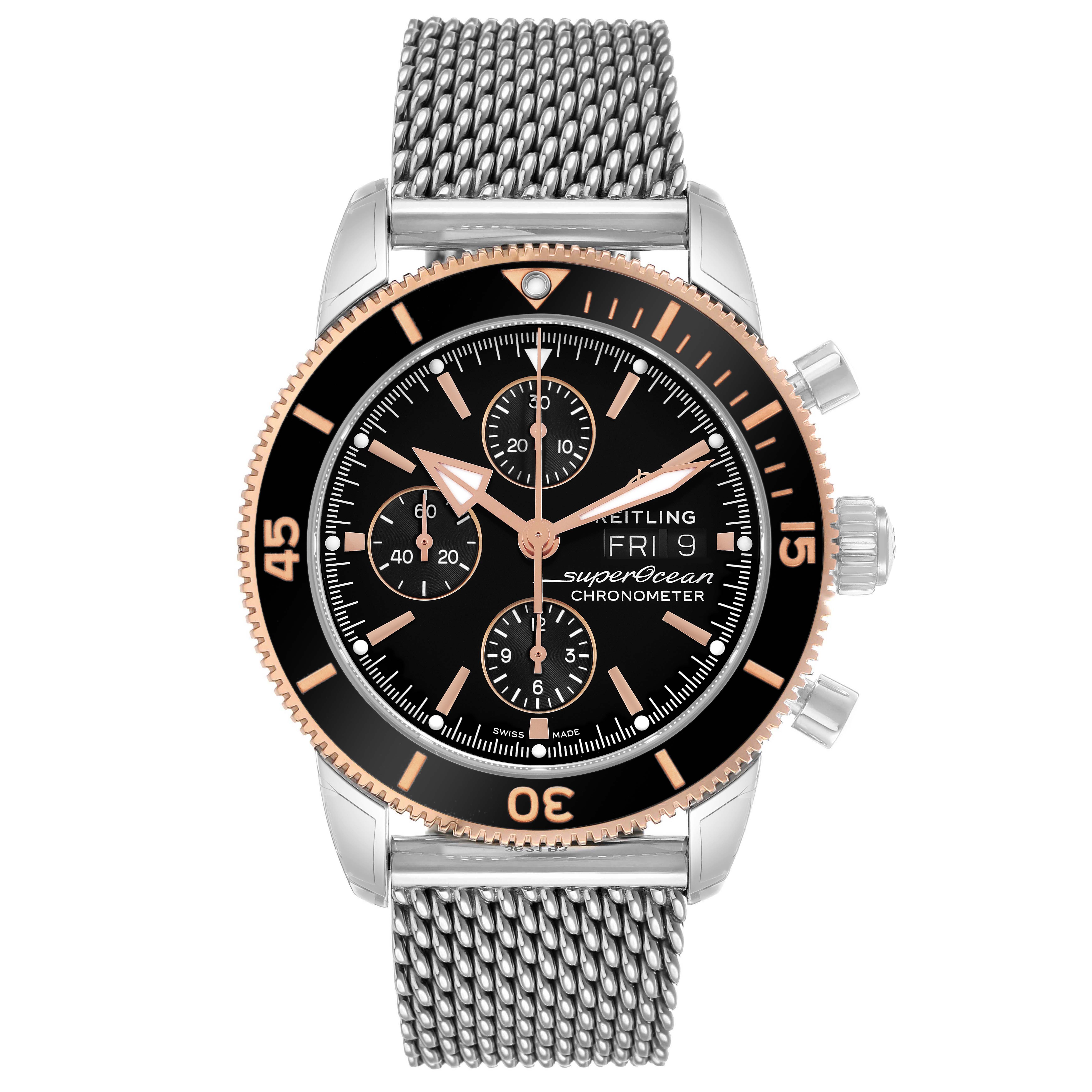 The Breitling Superocean U13313121B1A1 Men's Stainless Steel Black Dial watch is shown from the front, displaying its black dial, chronograph subdials, bezel, and mesh bracelet.